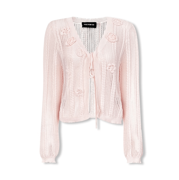 3D Flower Lace-Up Knit Cardigan in Pink | MADAX