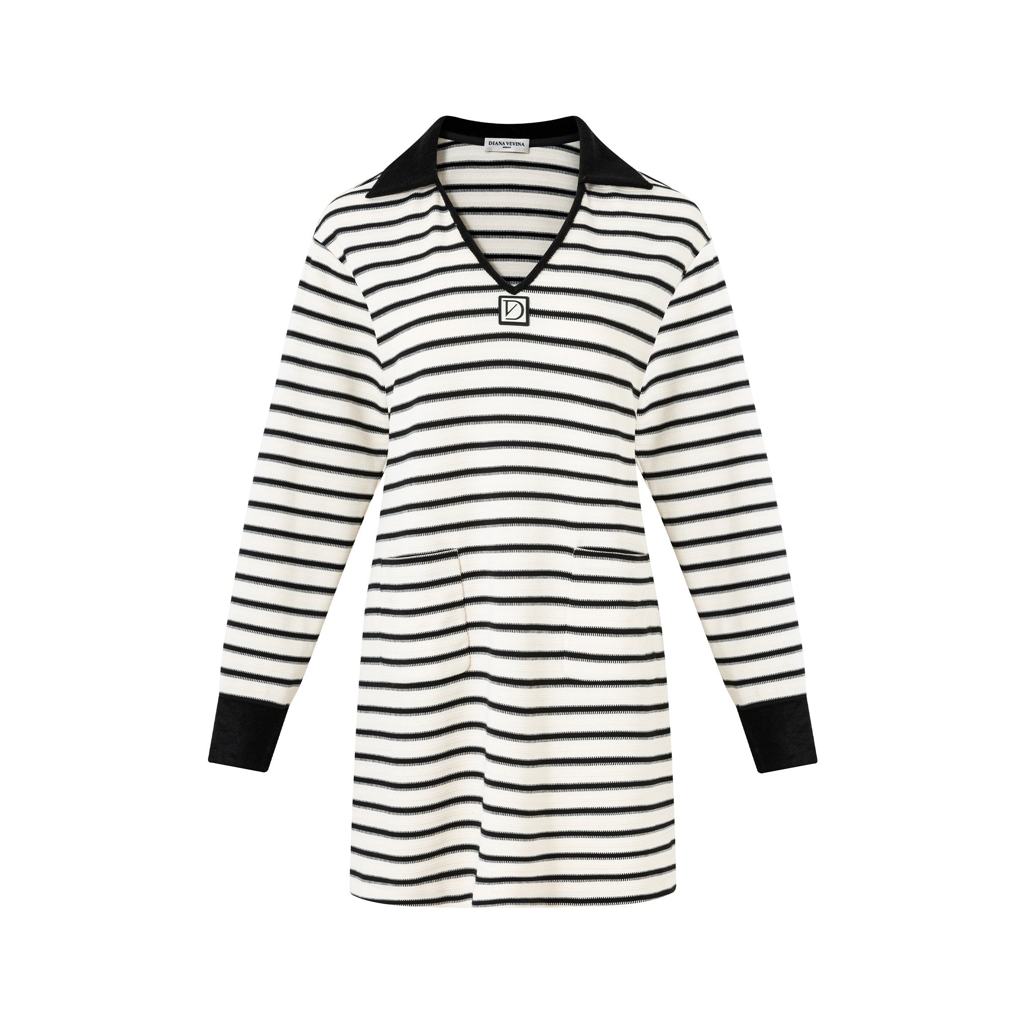 Diana Vevina Black and White Striped Knit V-Neck Dress