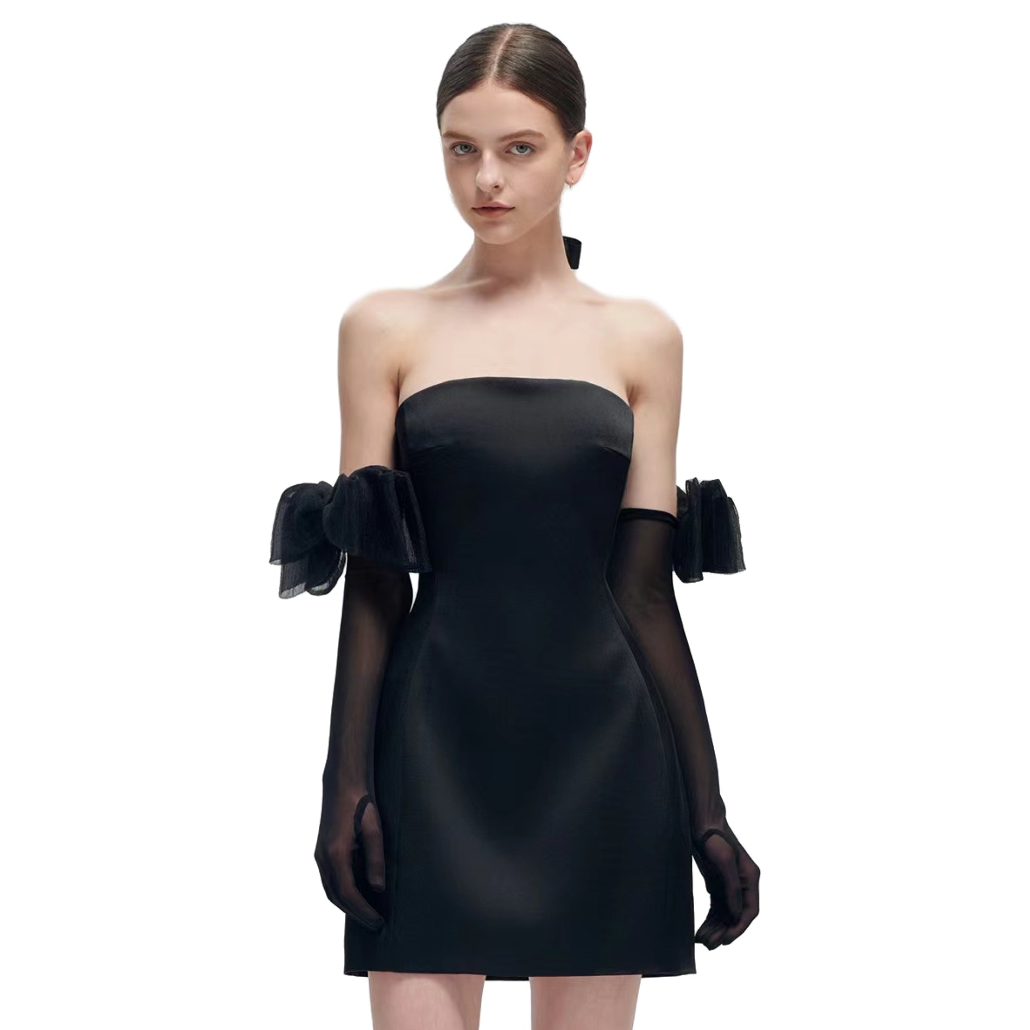 Black Bow Tight Dress With Gloves
