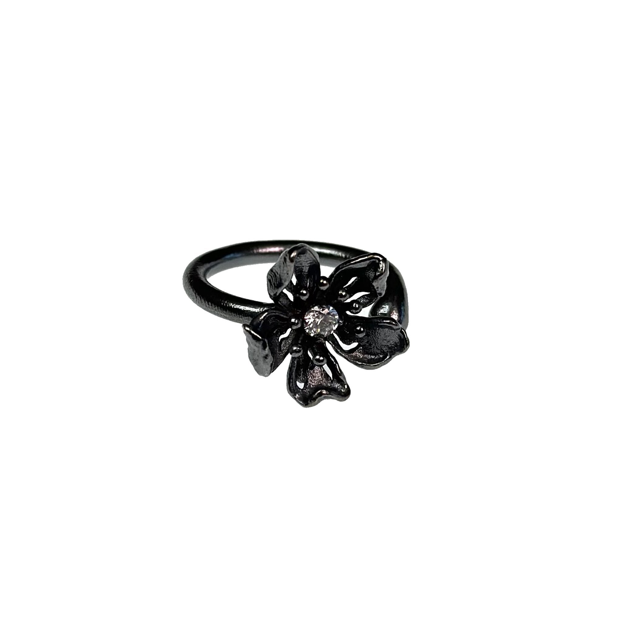 Black Silver Skeletonized Dewy Peach Blossom Ring | MADAX