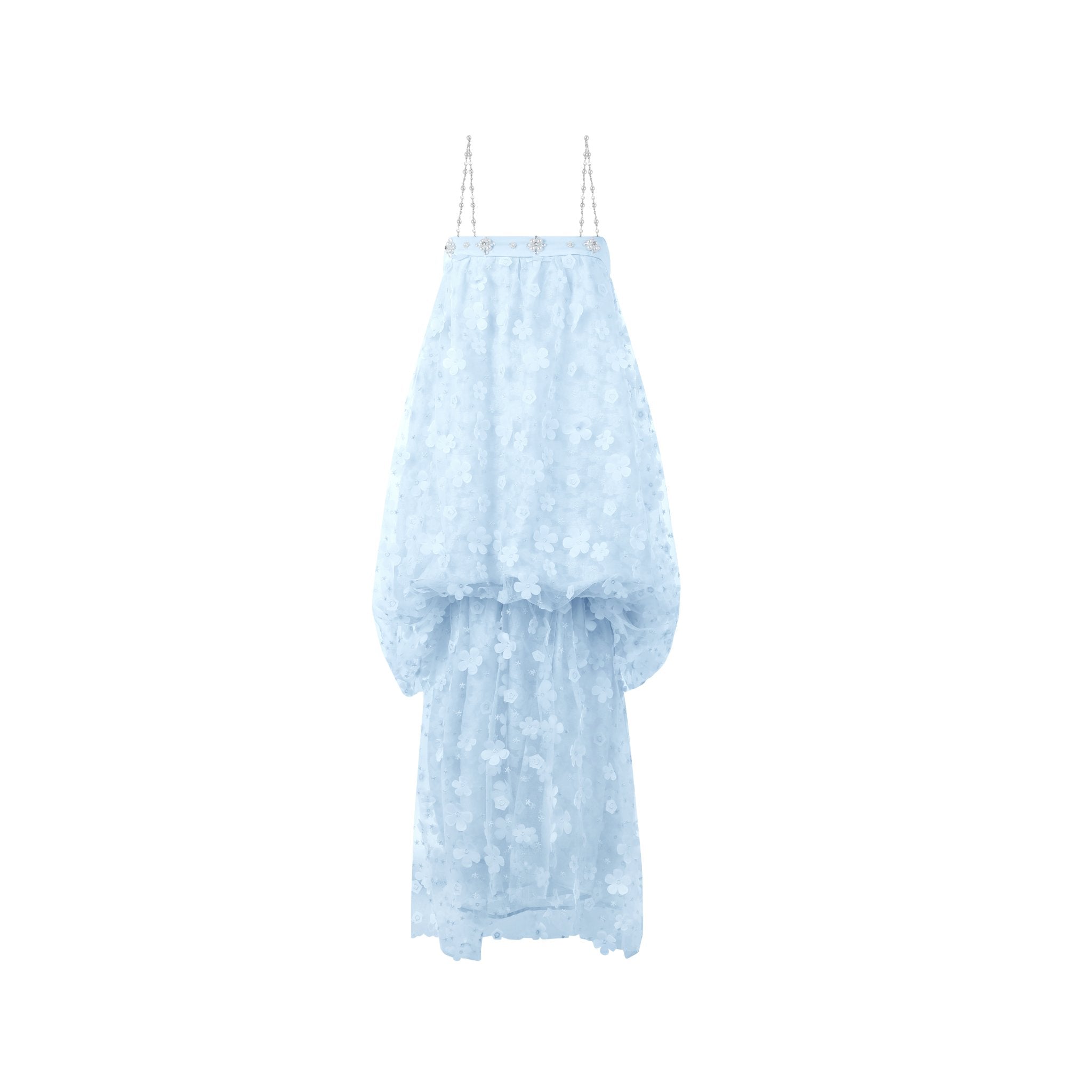 Blue Shearling Hand-Sewn Pearl Floral Sheath Dress | MADAX Blue Shearling Hand-Sewn Pearl Floral Sheath Dress | MADAX
