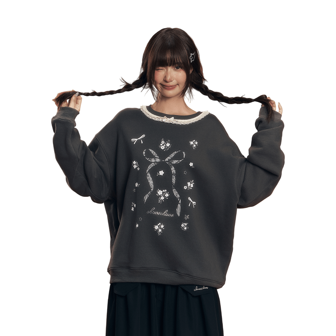 ダークグレーの蝶結びフローラルプリントスウェットシャツ | MADAX