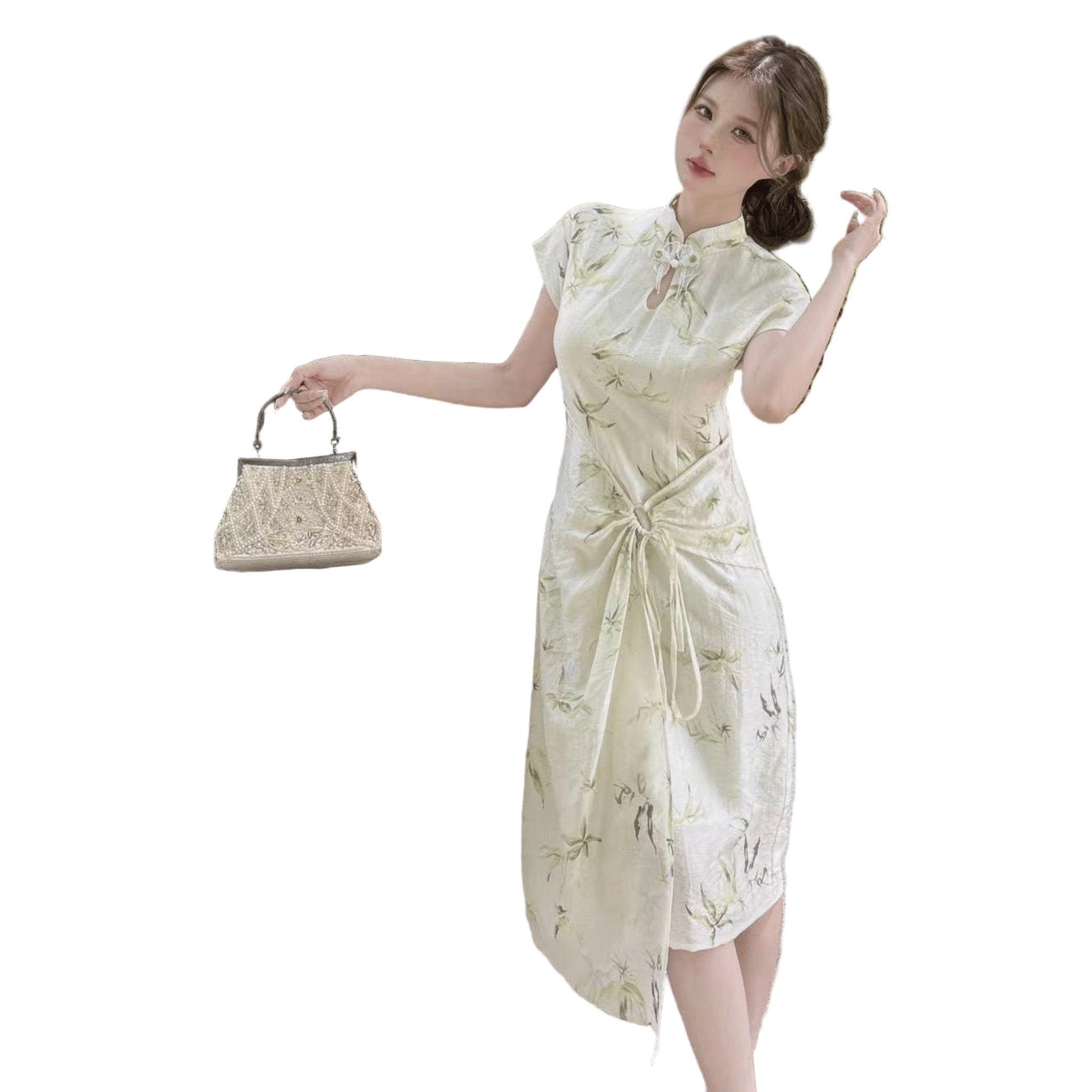 AIMME SPARROW Chinese Lace-Up Printed Dress In White AIMME SPARROW Chinese Lace-Up Printed Dress In White