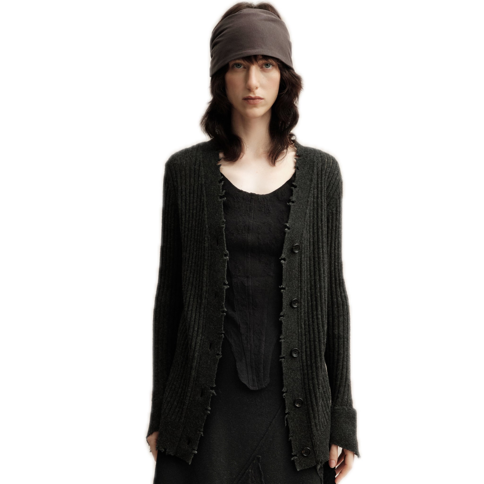 Dark Gray Knitted Raw Edge Cardigan | MADAX display picture 1