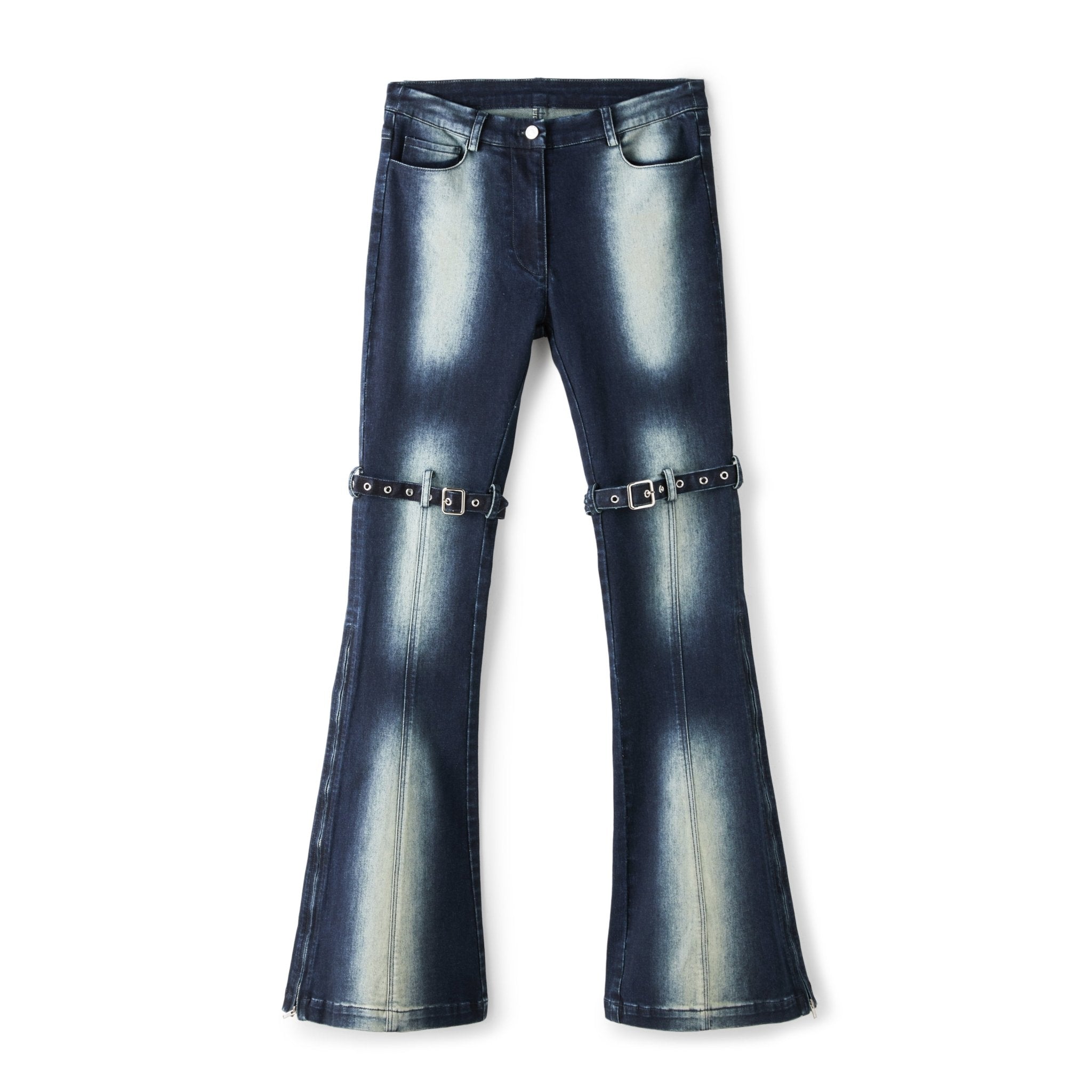 Double-buckle Skinny Acid-wash Denim Flared Pants | MADAX