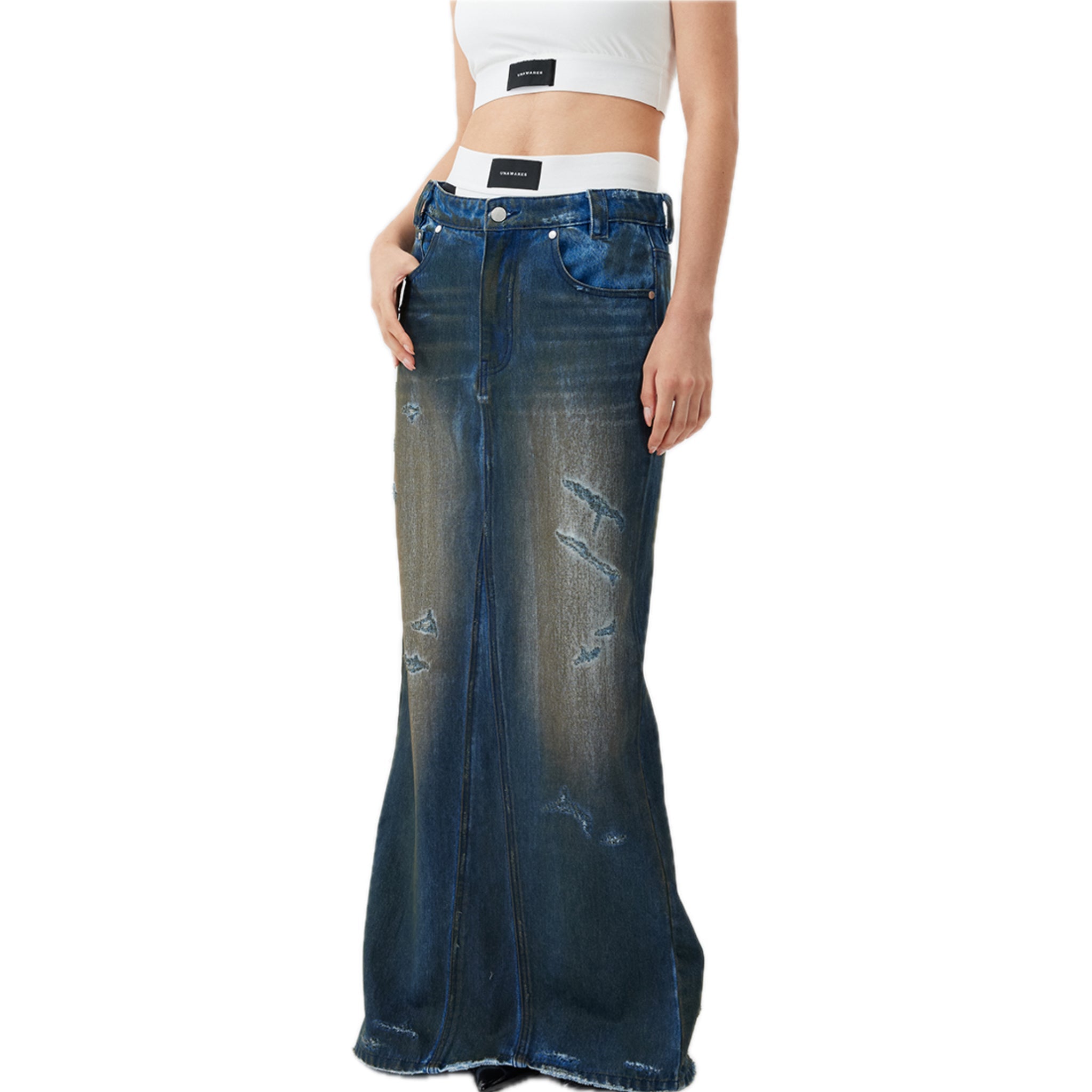 UNAWARES Fishtail Dirty Denim Half Dress In Denim Blue