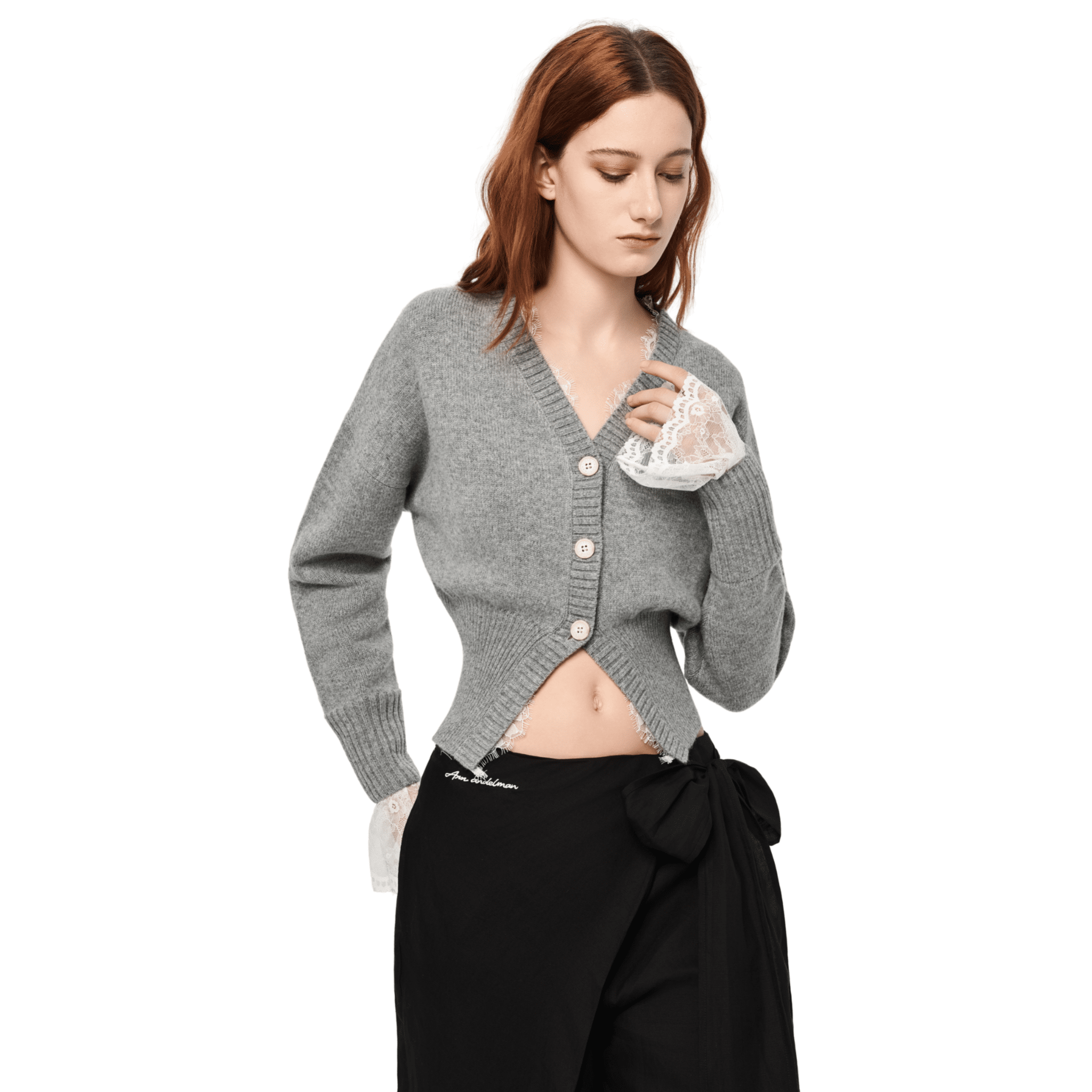 Lace Patchwork Waist Knitted Cardigan in Gray | MADAX Lace Patchwork Waist Knitted Cardigan in Gray | MADAX