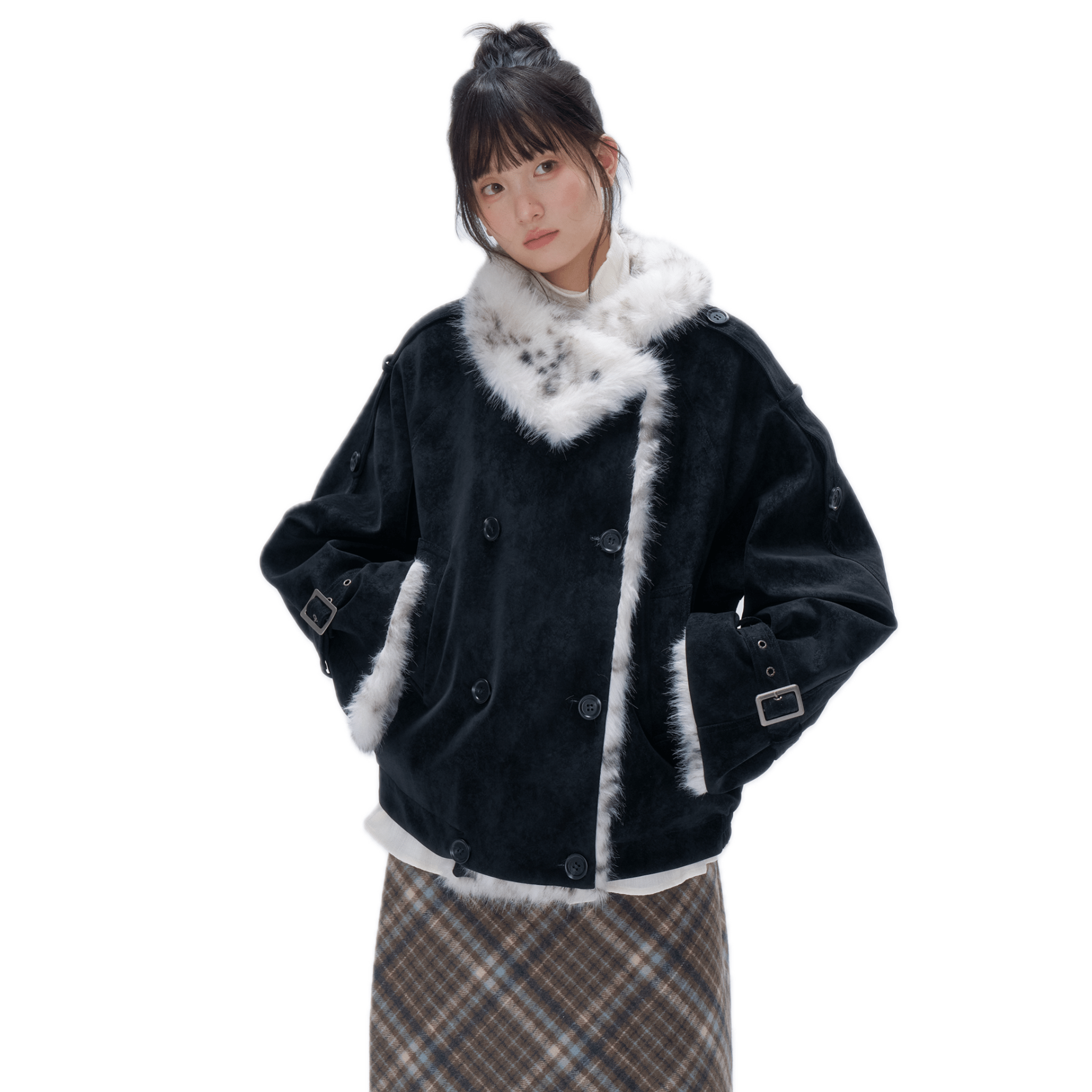 Leather Patchwork Lapel Jacket in Black and White | MADAX