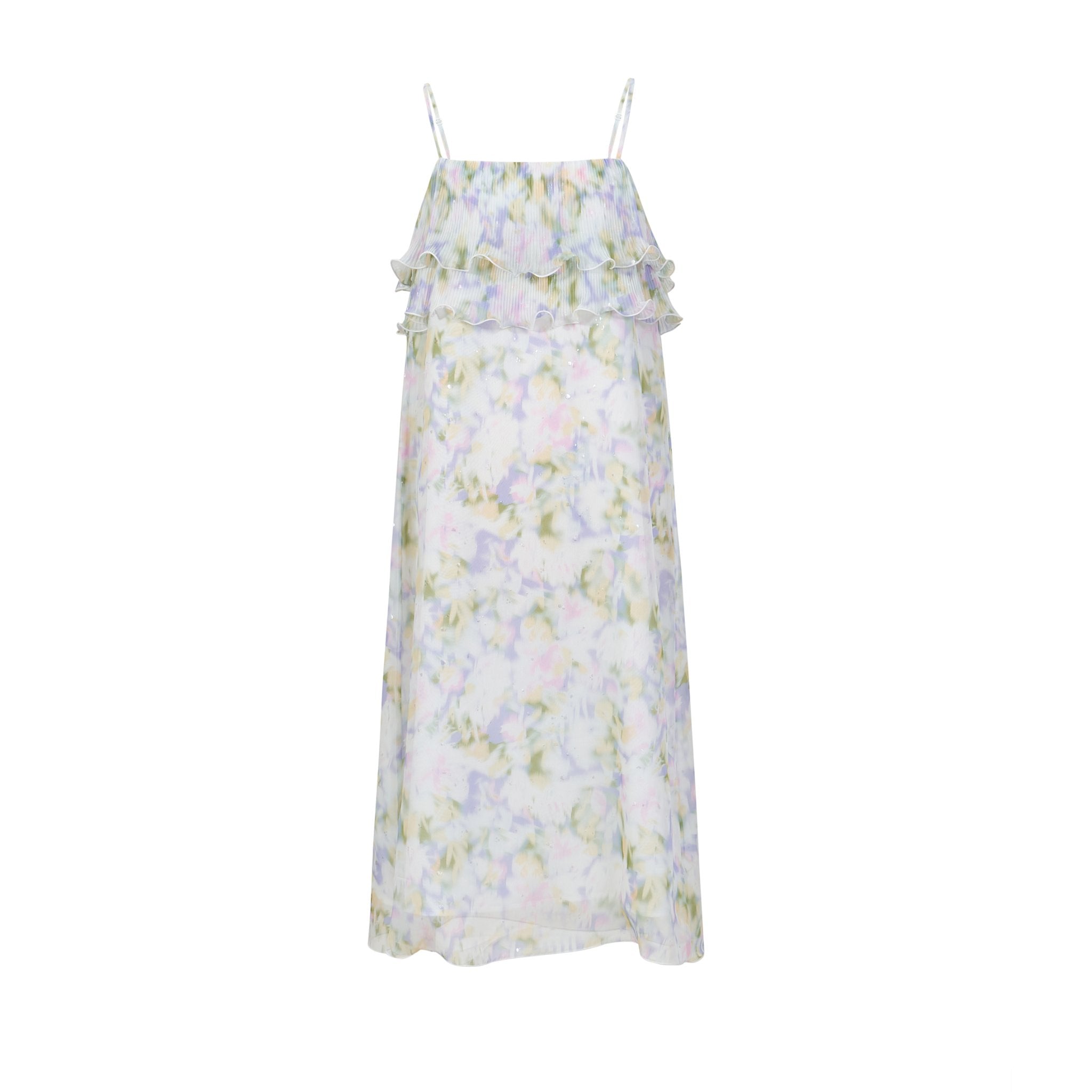 Three Quarters Pink and Green Hot Gold Printed Halter Dress
