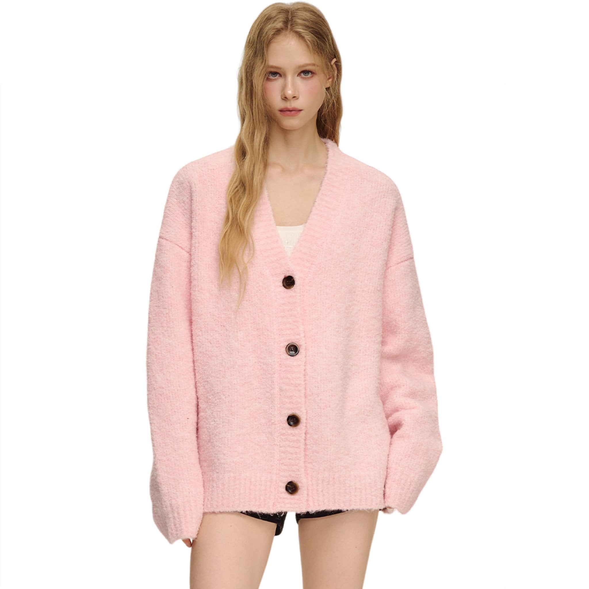 Pink Loop Yarn V-neck Sweater Cardigan | MADAX