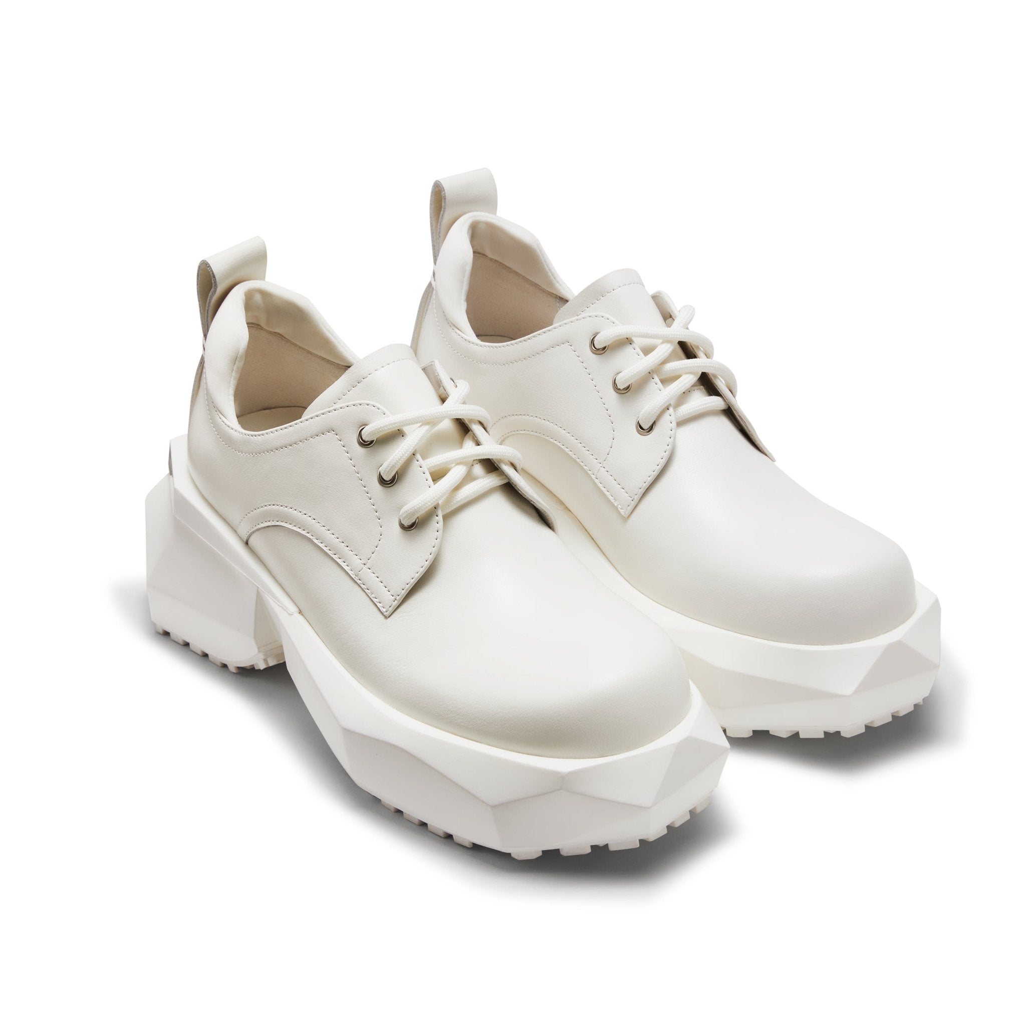 Round Toe Lace-Up Faceted Platform Derby Shoes in White MADAX