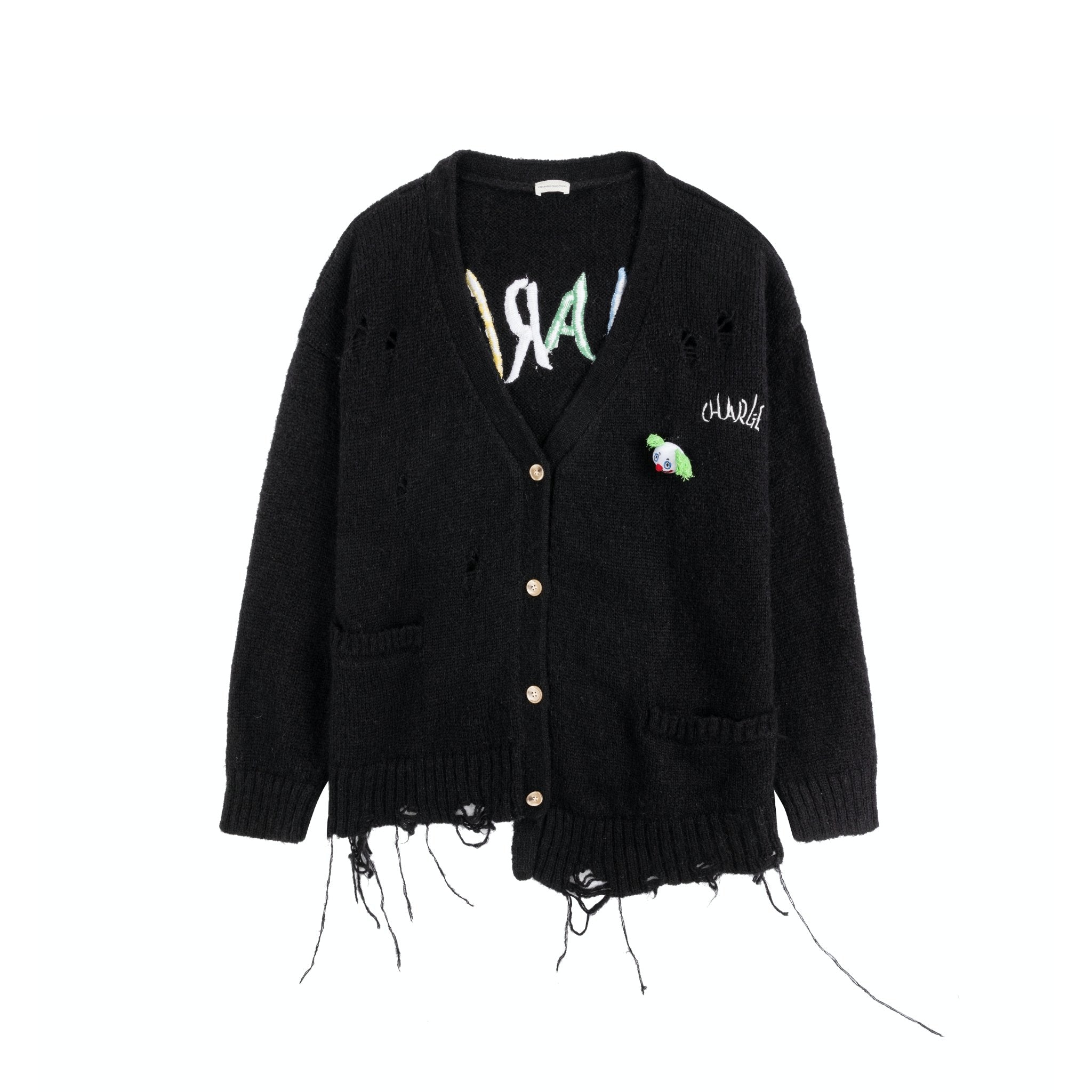 Black Destroyed Fringe Logo Print Cardigan | MADAX
