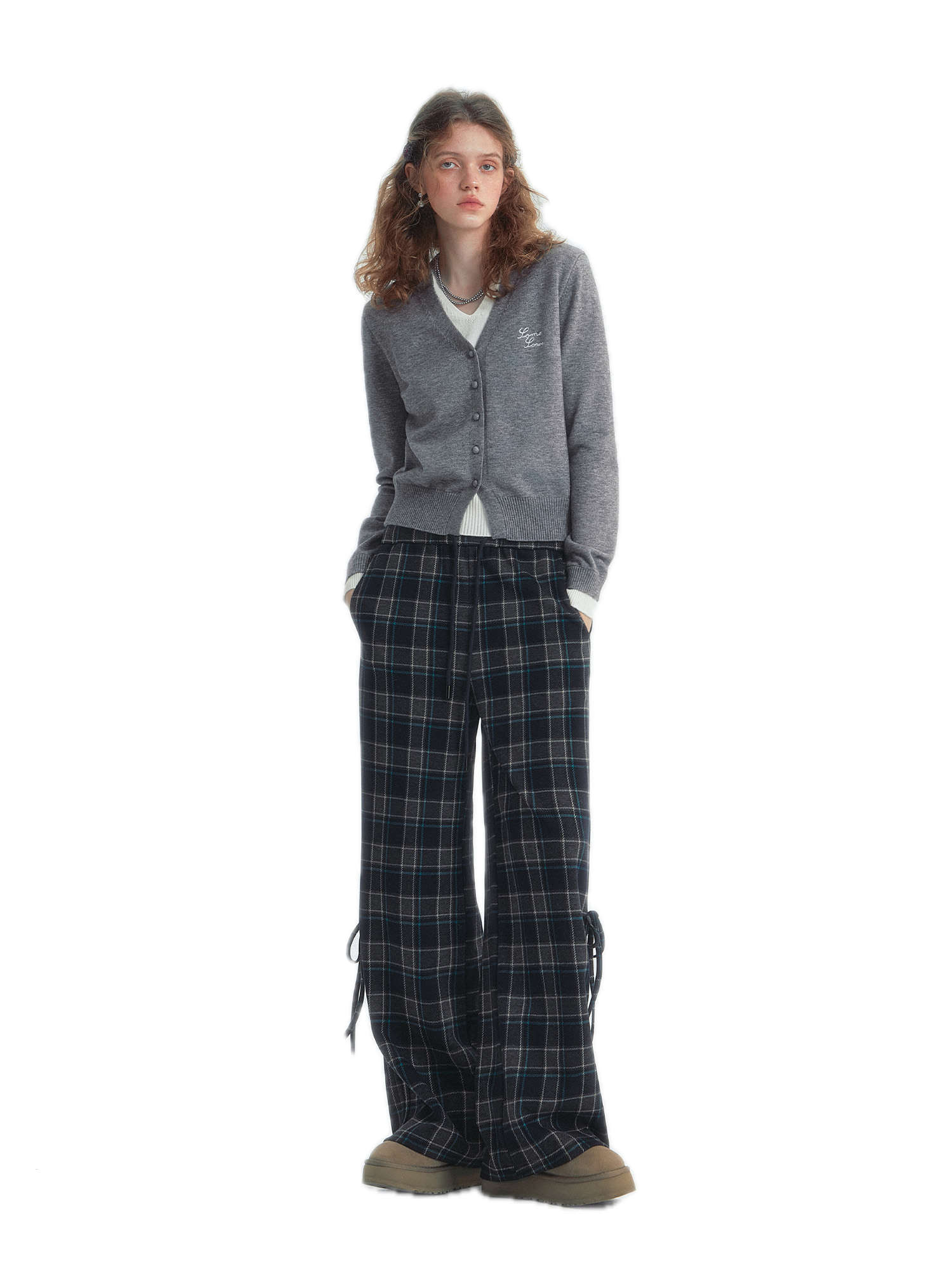 Checkered Drawstring Bow Trousers In Blue