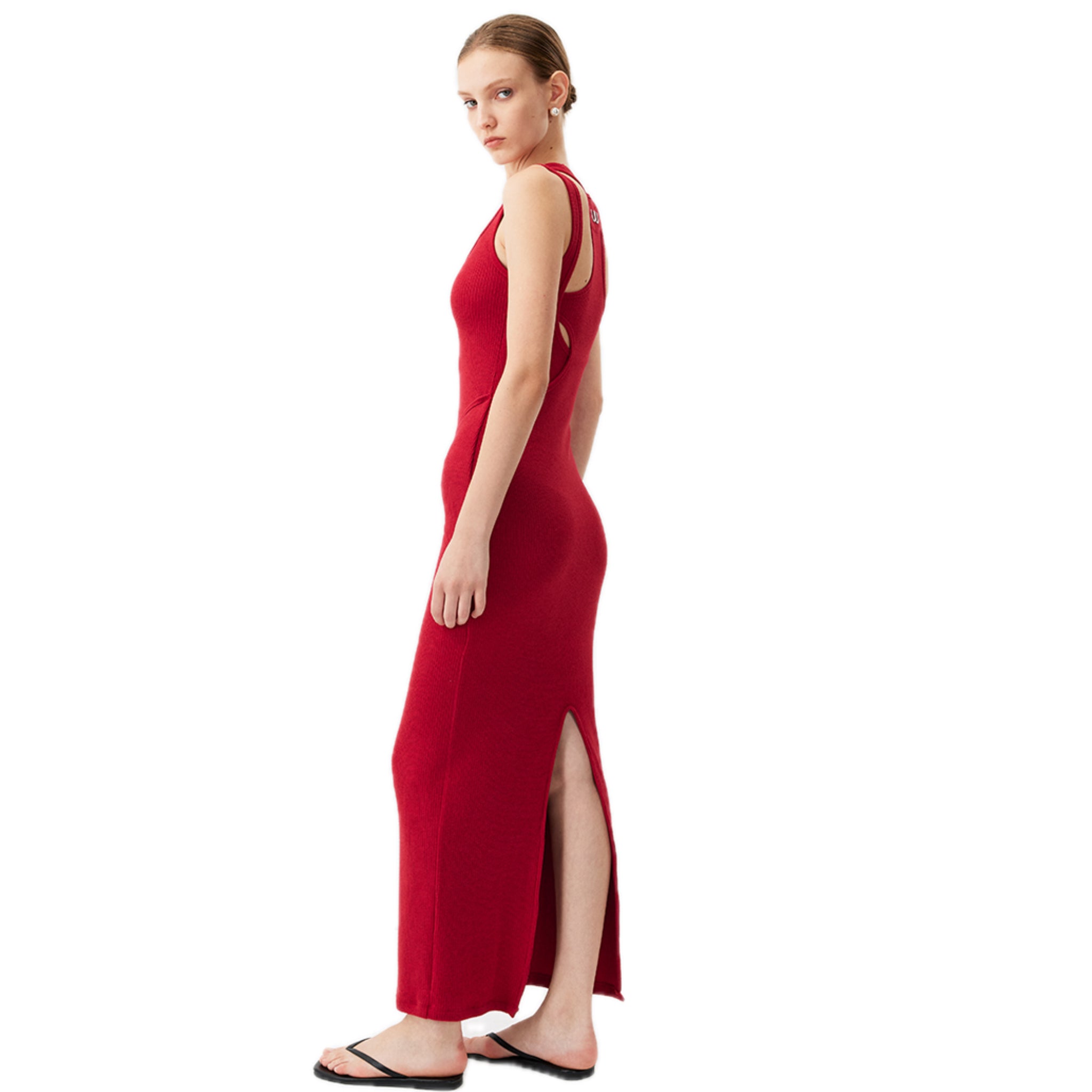 Misaligned Structure Knitted Pit Stripe Dress In Red