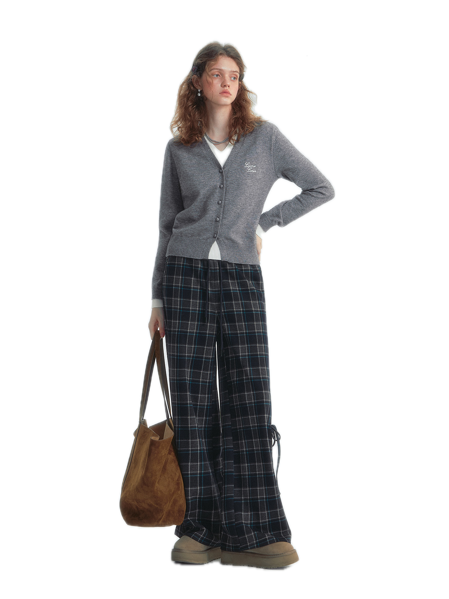 Checkered Drawstring Bow Trousers In Blue