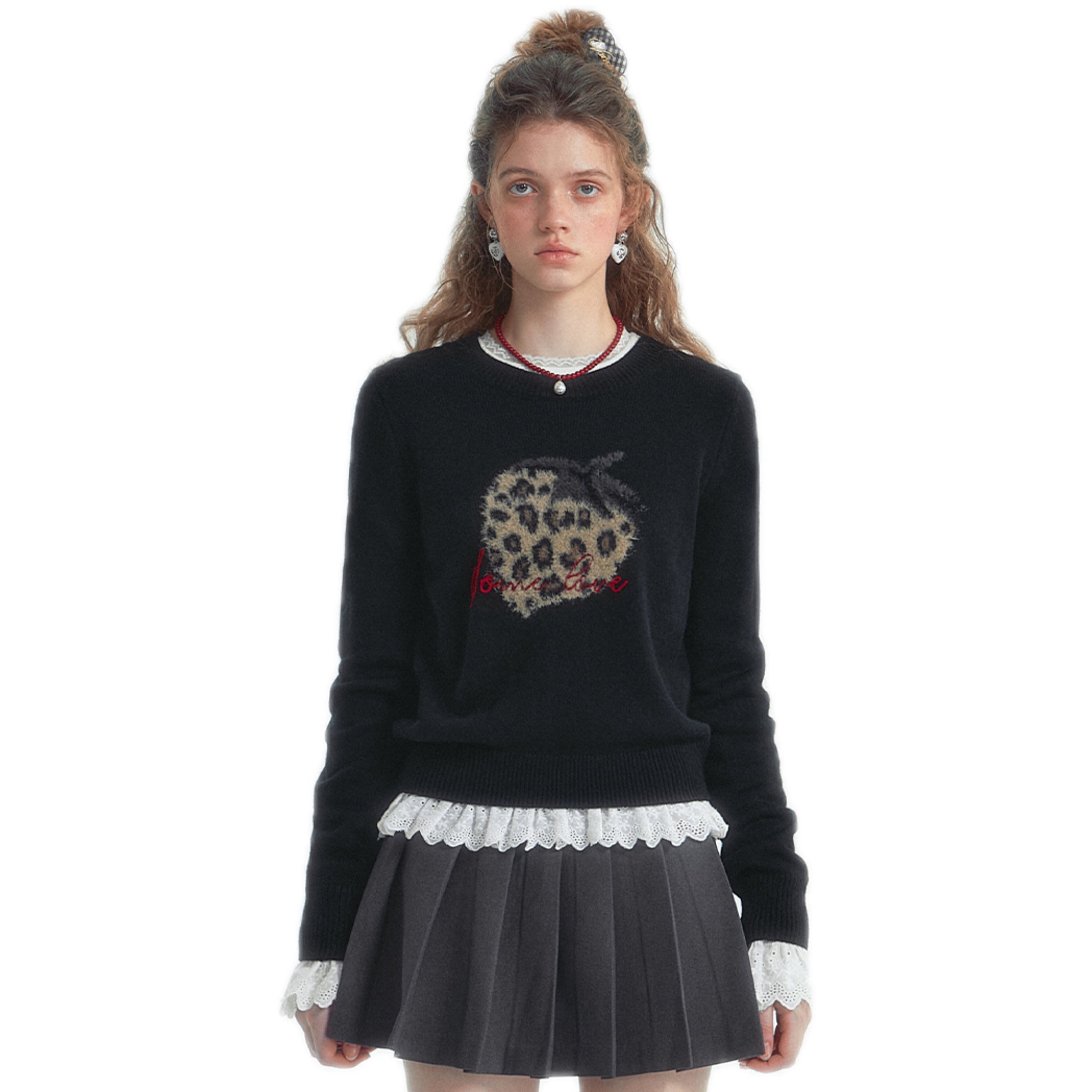 Leopard Strawberry Crew Neck Long Sleeve Sweater