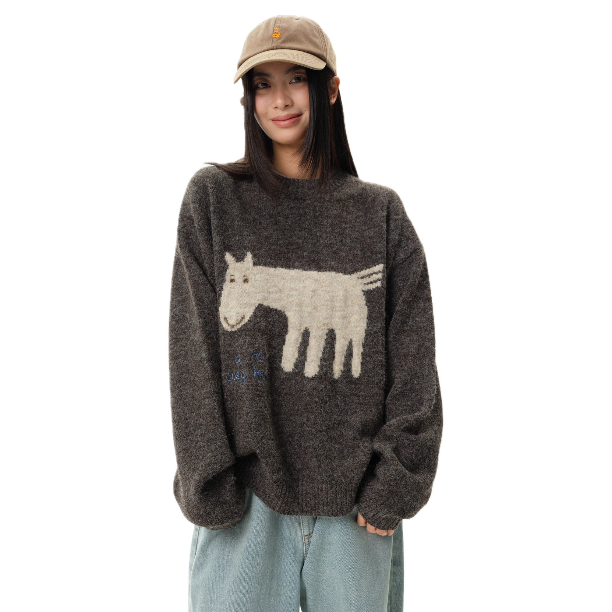 Brown Color-blocked Pony Crew Neck Sweater