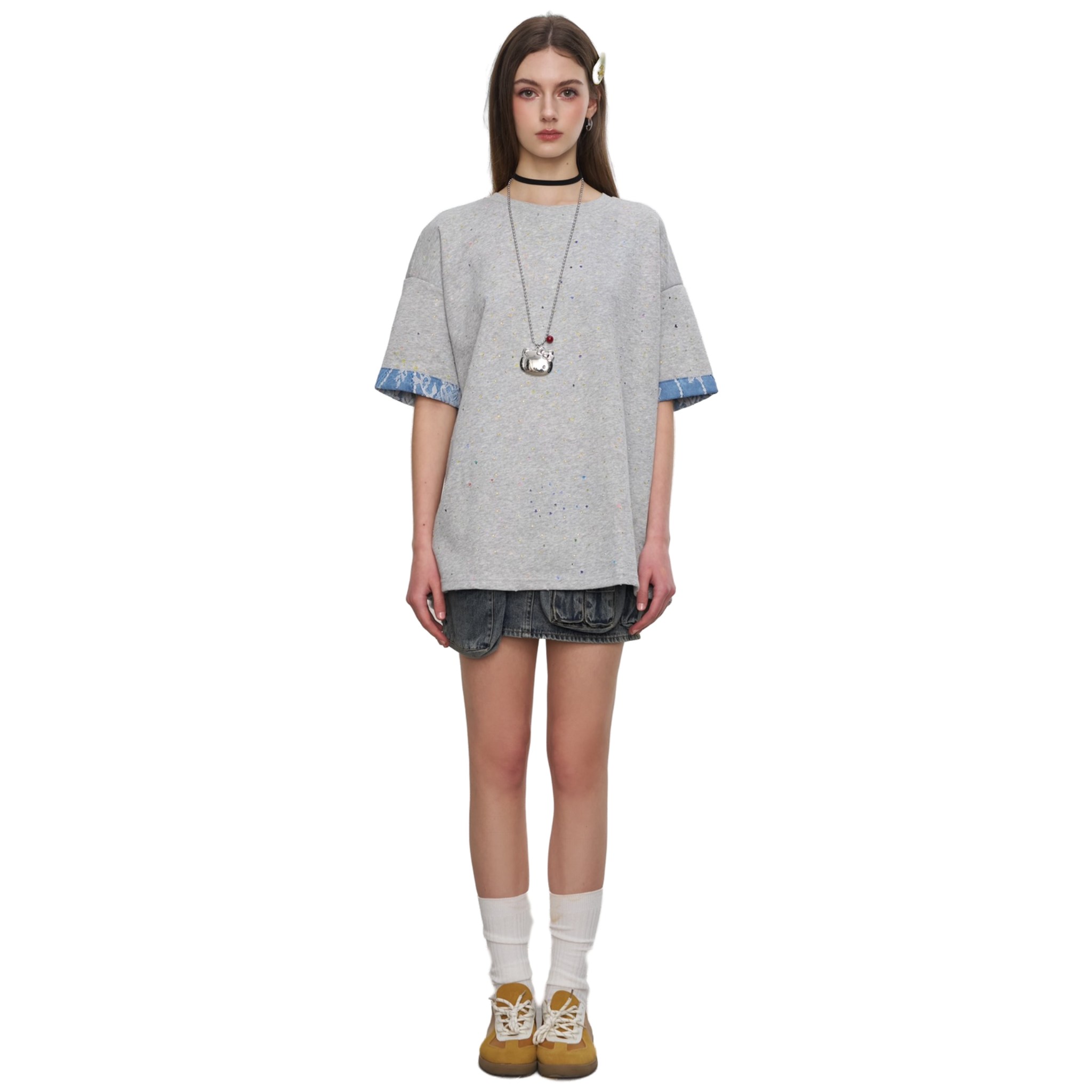 Color Hot Diamond Star Hollow Short Sleeves in Gray