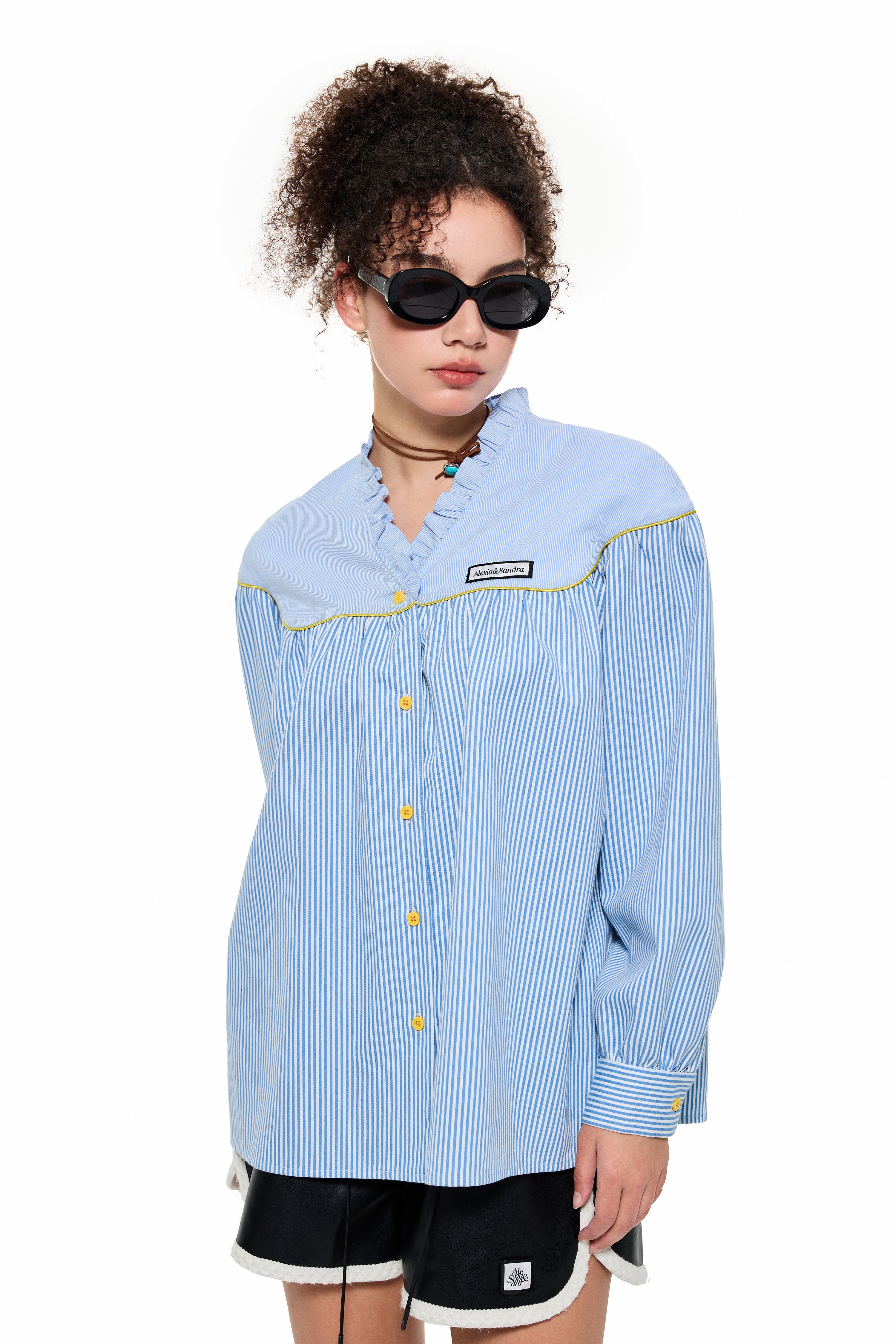 Ruffled V-Neck Stripe Blouse in Blue