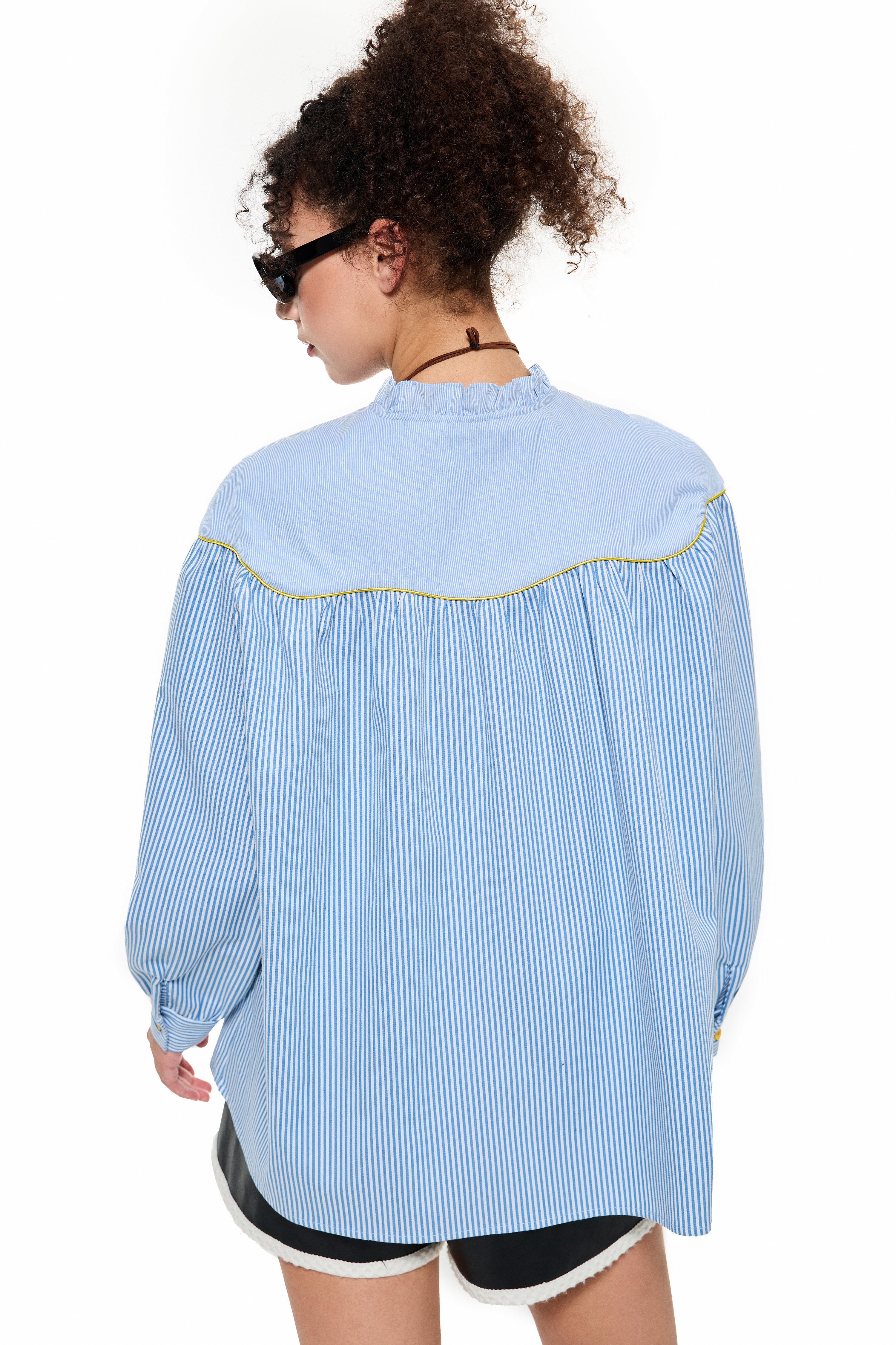 Ruffled V-Neck Stripe Blouse in Blue