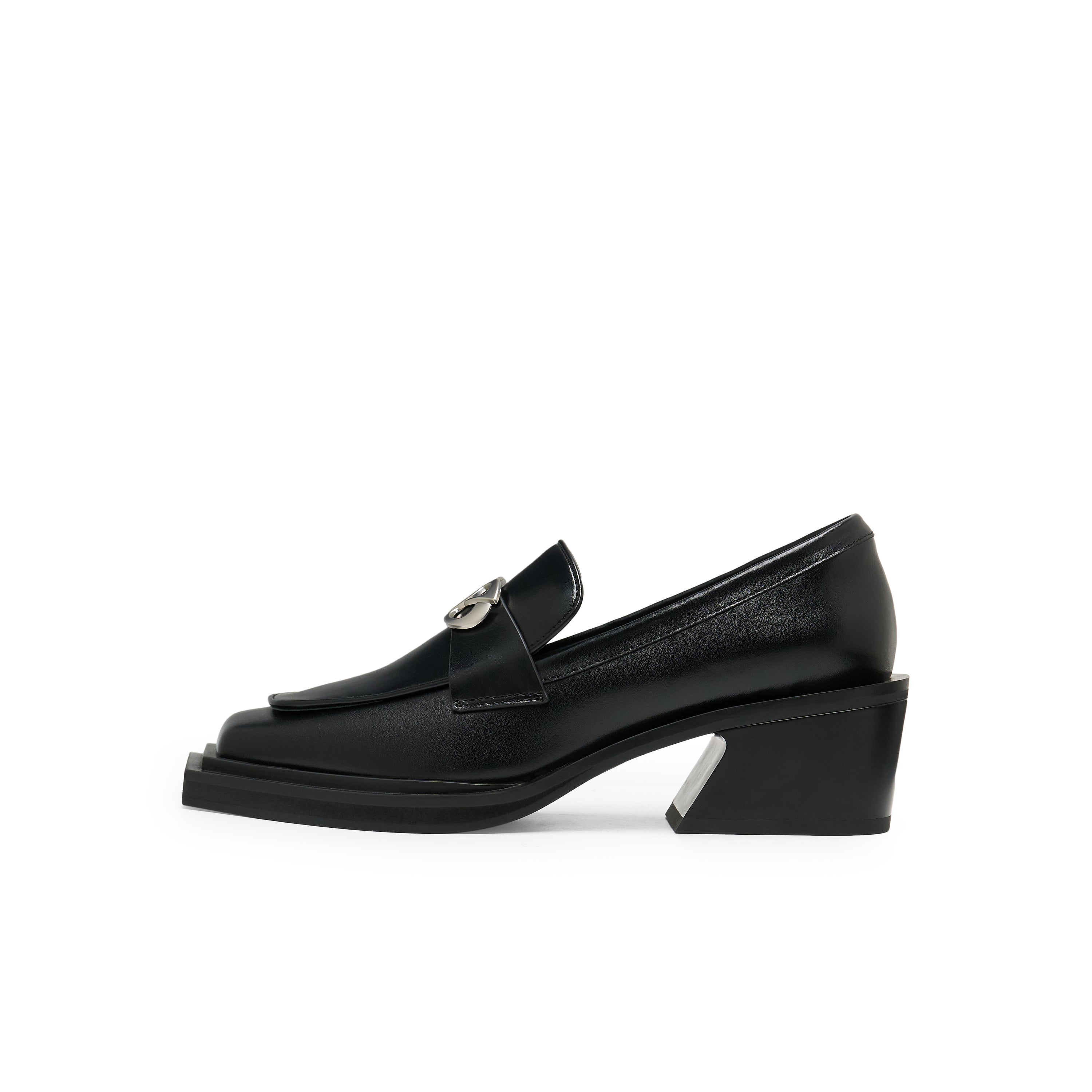 Bevel Square Head Double Lined Chunky Heel Shoes In Black