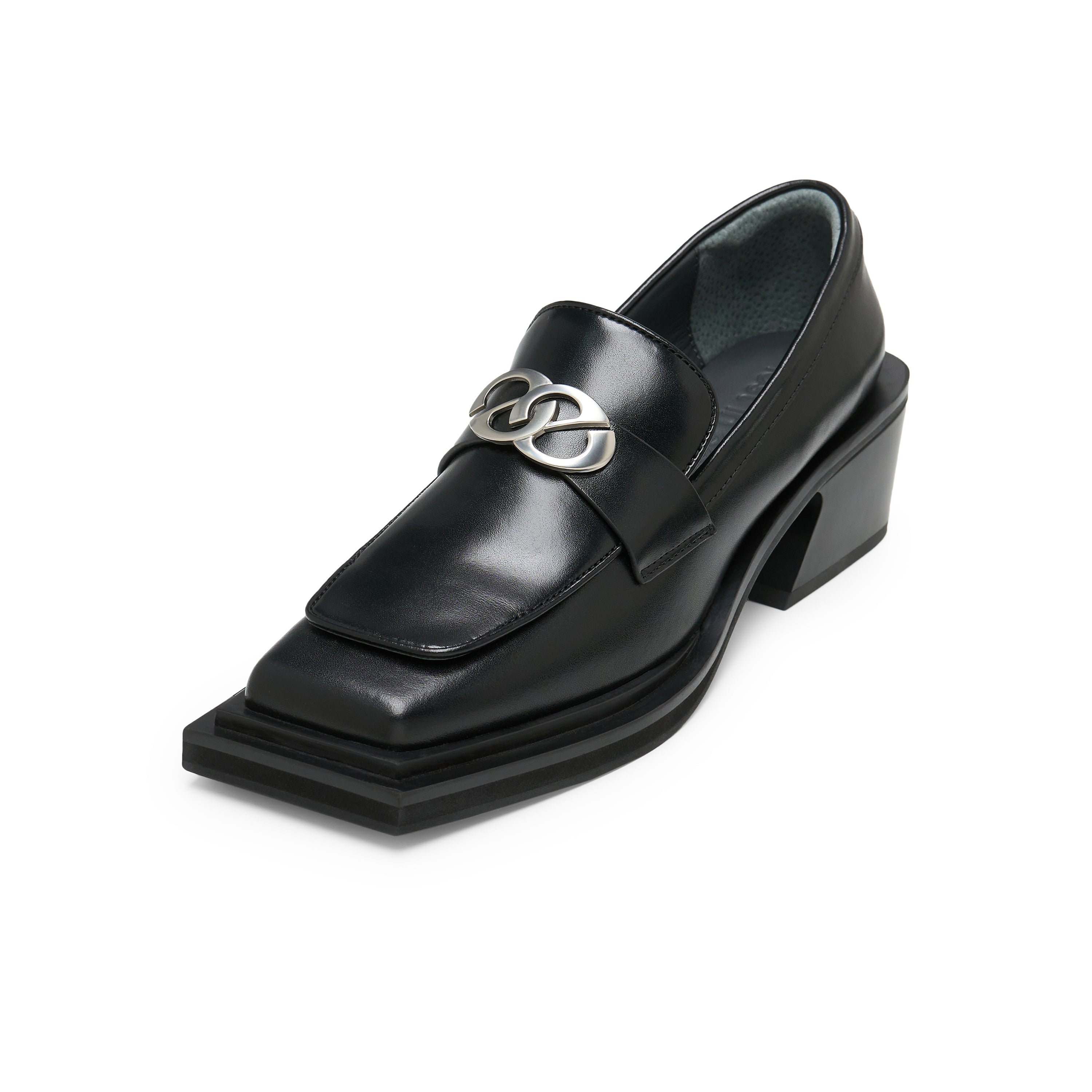 Bevel Square Head Double Lined Chunky Heel Shoes In Black