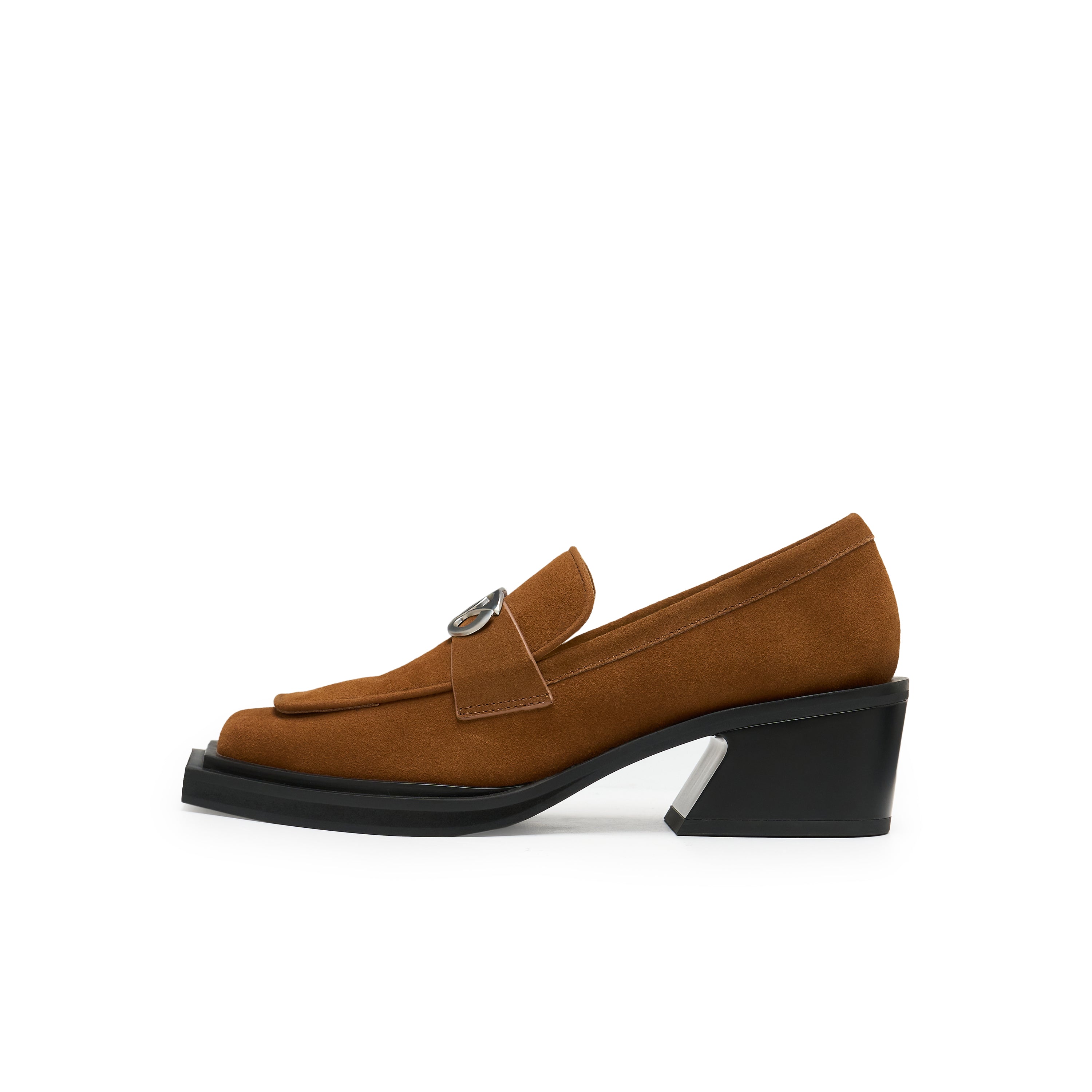 Bevel Square Head Double Lined Chunky Heel Shoes In Brown