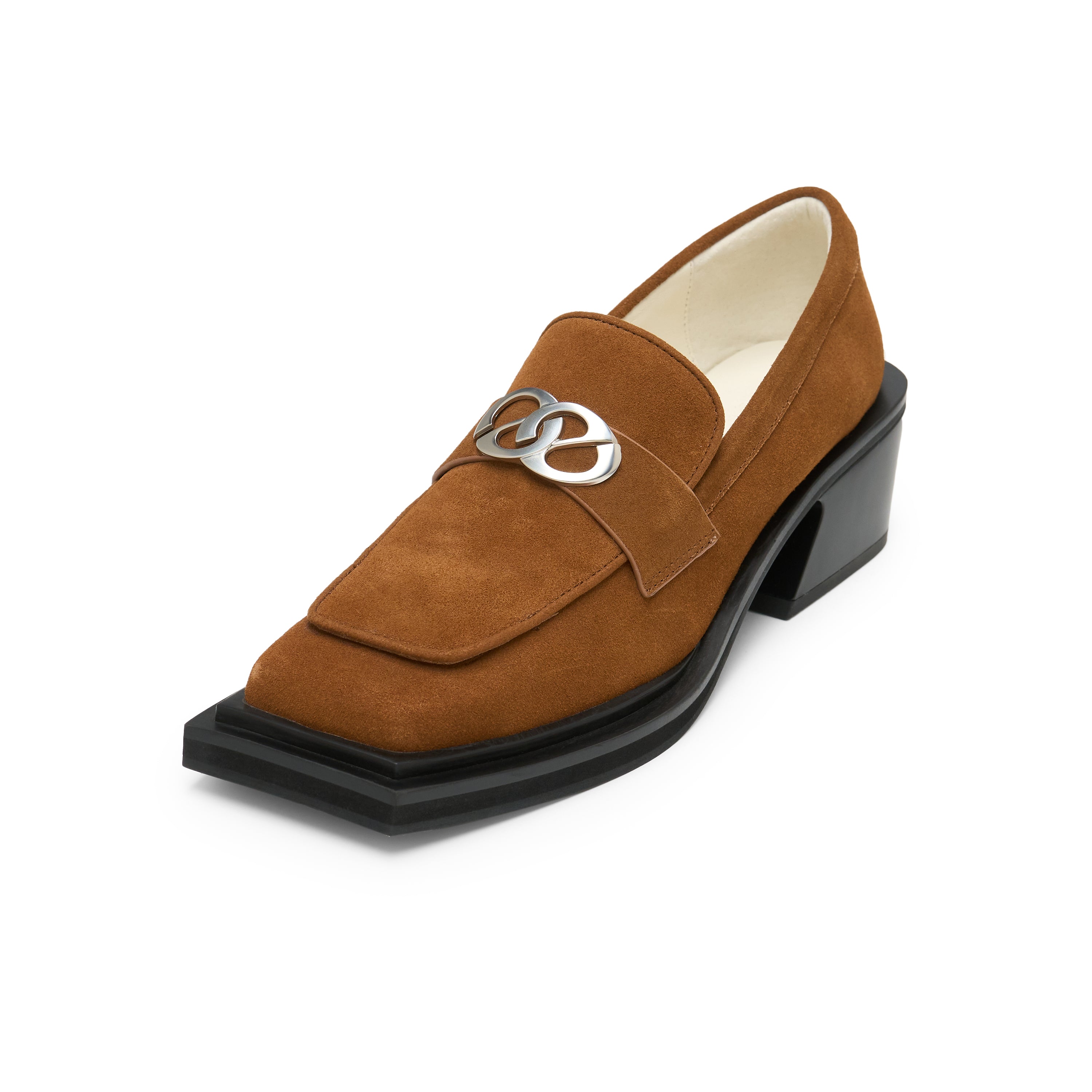 Bevel Square Head Double Lined Chunky Heel Shoes In Brown