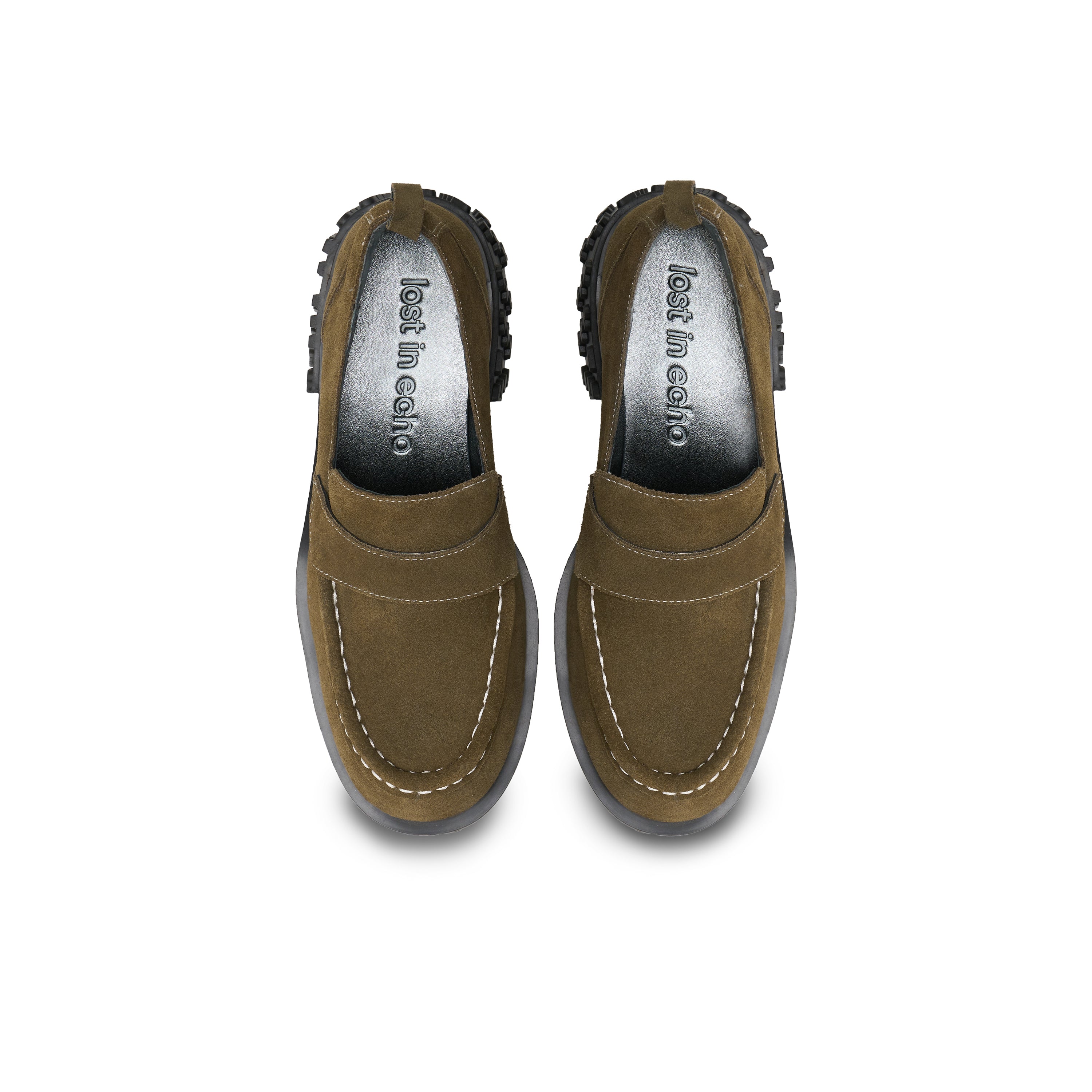 Star Bottom Stitching Round Head Loafers In Army Green