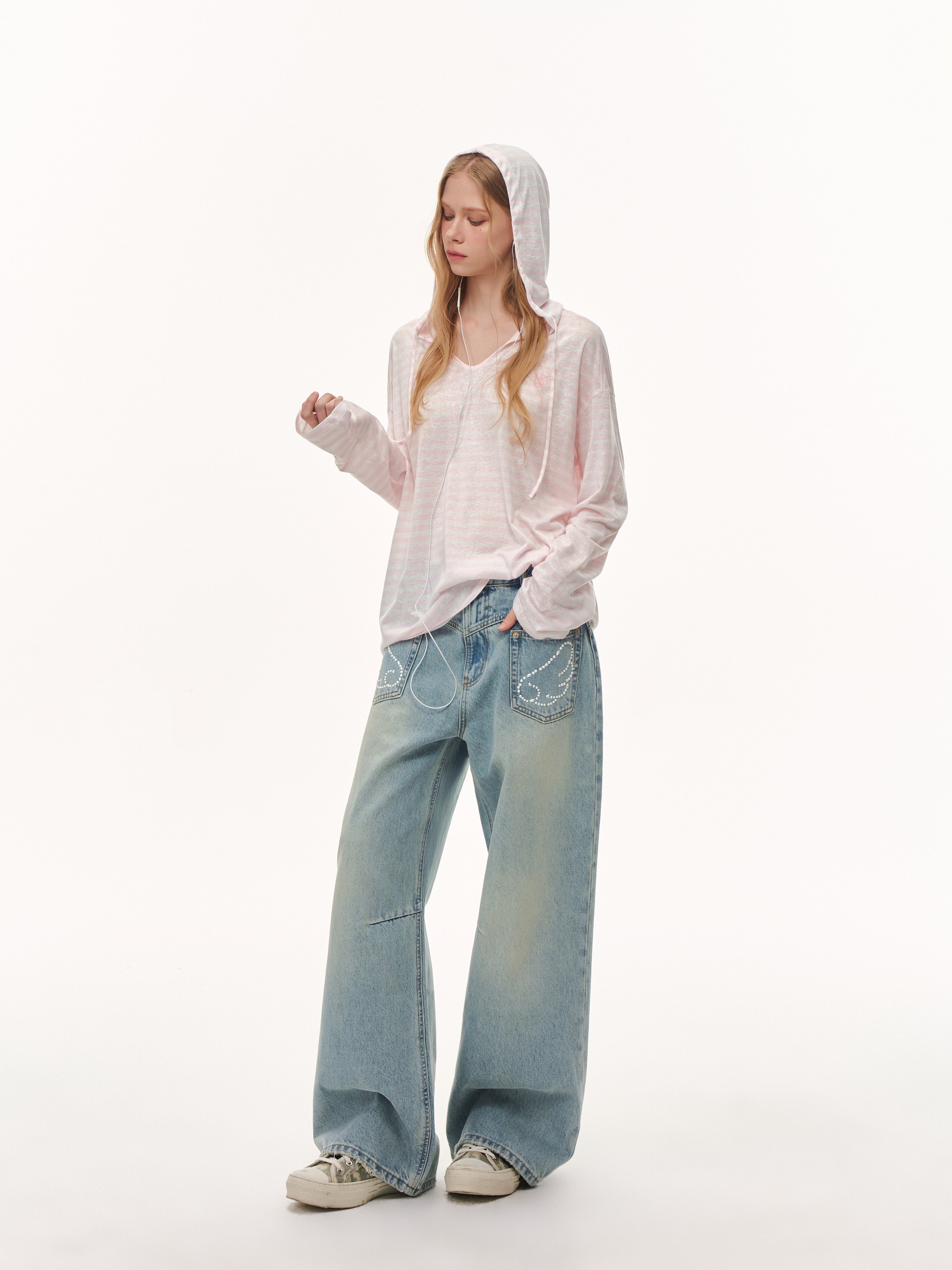 핑크 눈송이 무늬 스트라이프 후드 긴팔 셔츠