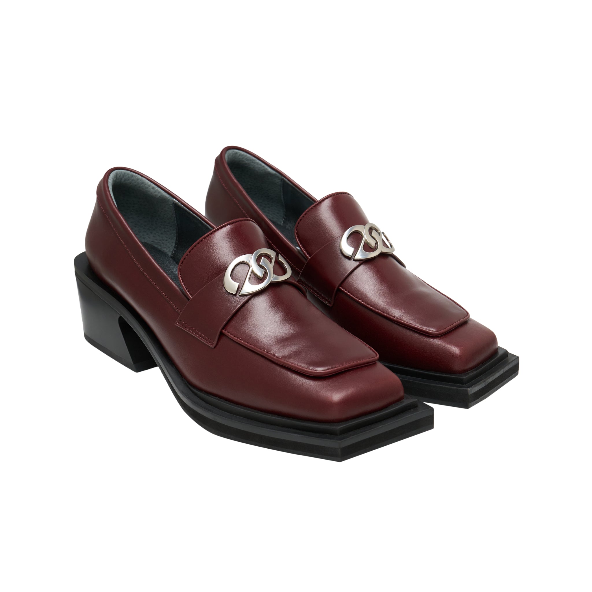 Bevel Square Head Double Lined Chunky Heel Shoes In Wine Red