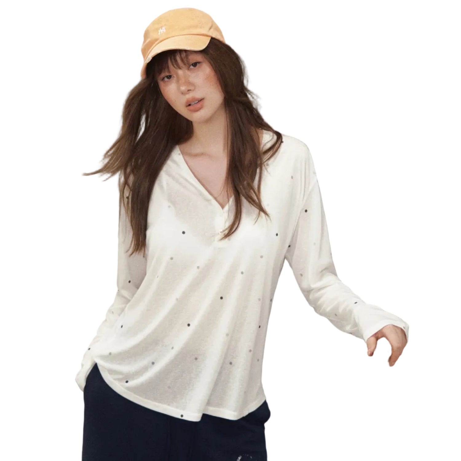 Henley Collar Cool-Feel Cover-Up White Polka Dot