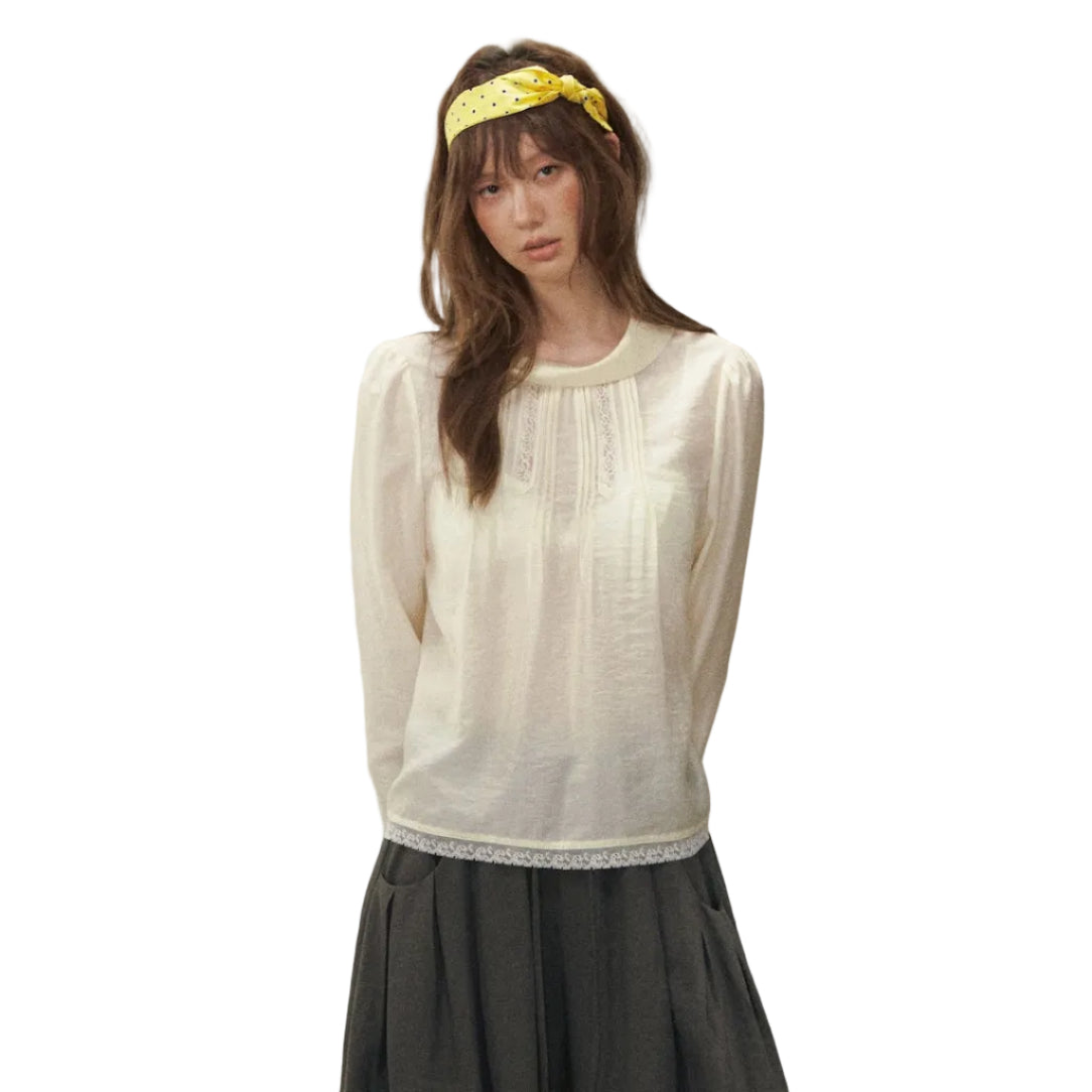 Beige Blouse with Puff Sleeves and A Round Collar