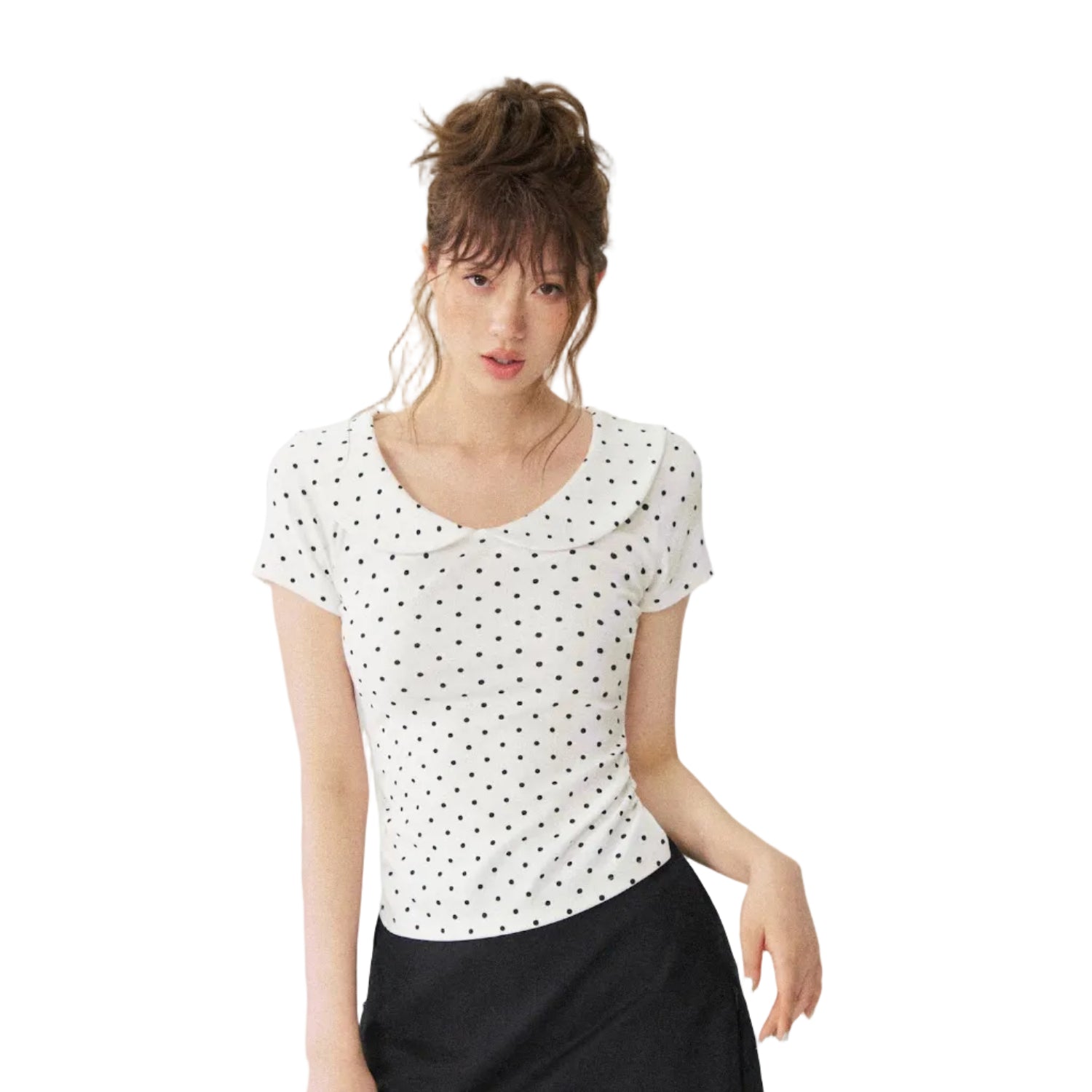 White Polka Dot Peter Pan Collar Tie-Back T-Shirt