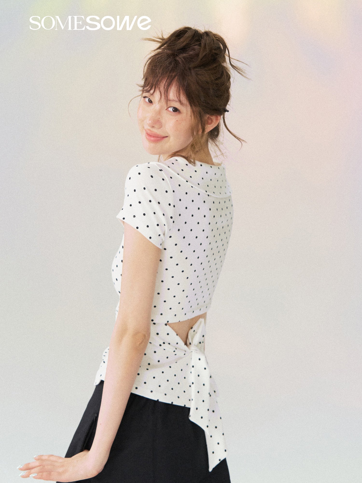 White Polka Dot Peter Pan Collar Tie-Back T-Shirt