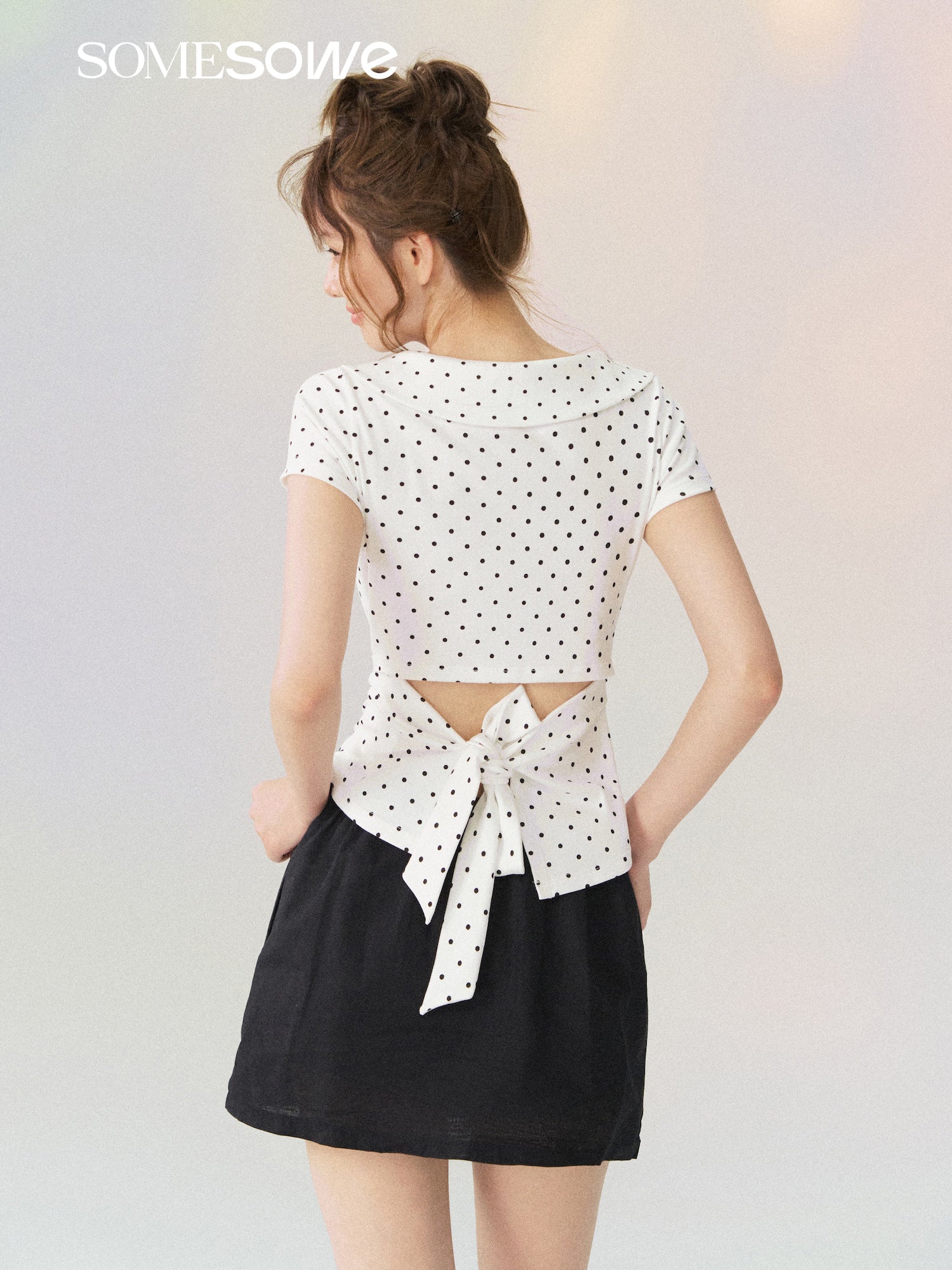 White Polka Dot Peter Pan Collar Tie-Back T-Shirt