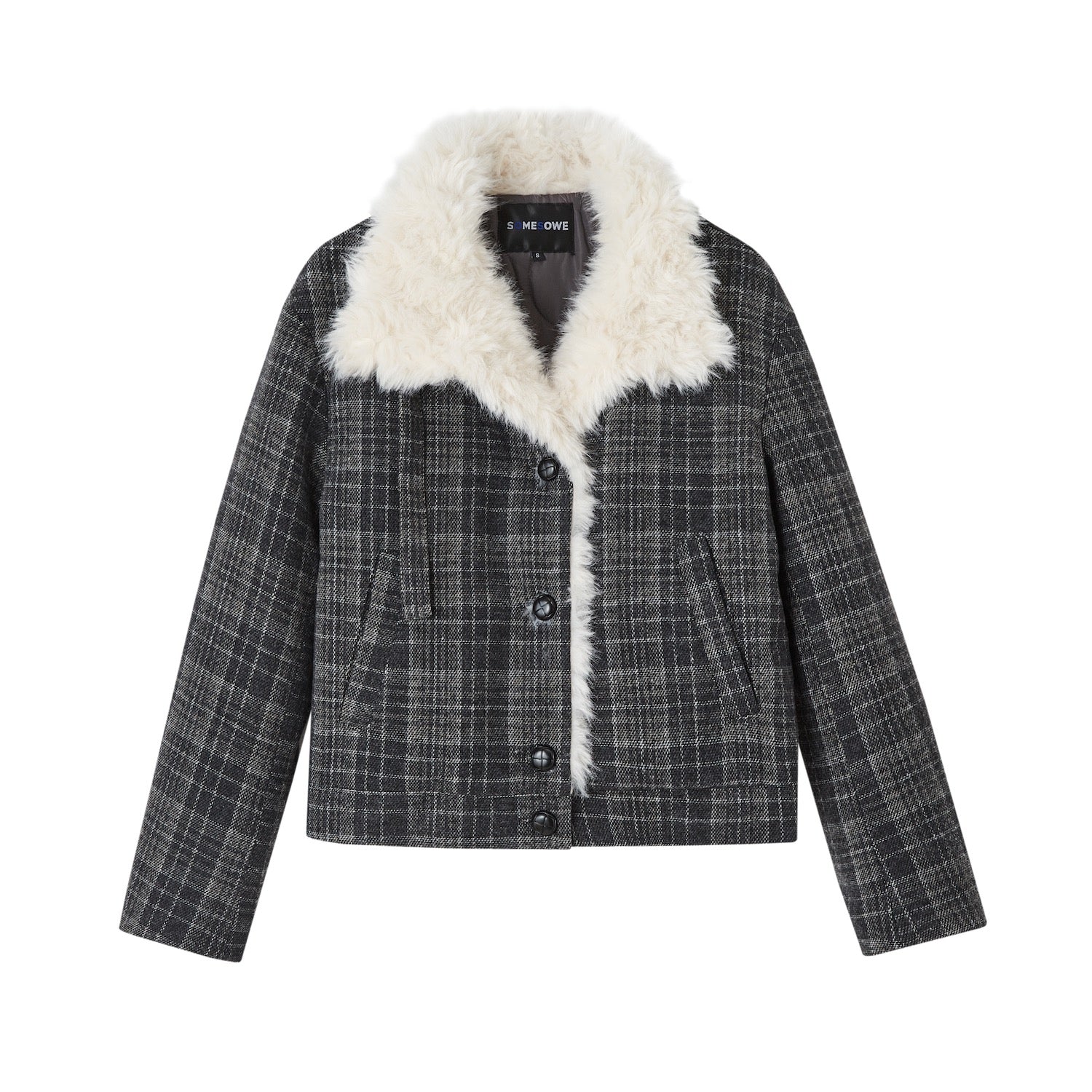 레트로 스타일의 체크무늬 퀼팅 코트 (퍼 칼라 포함), 회색