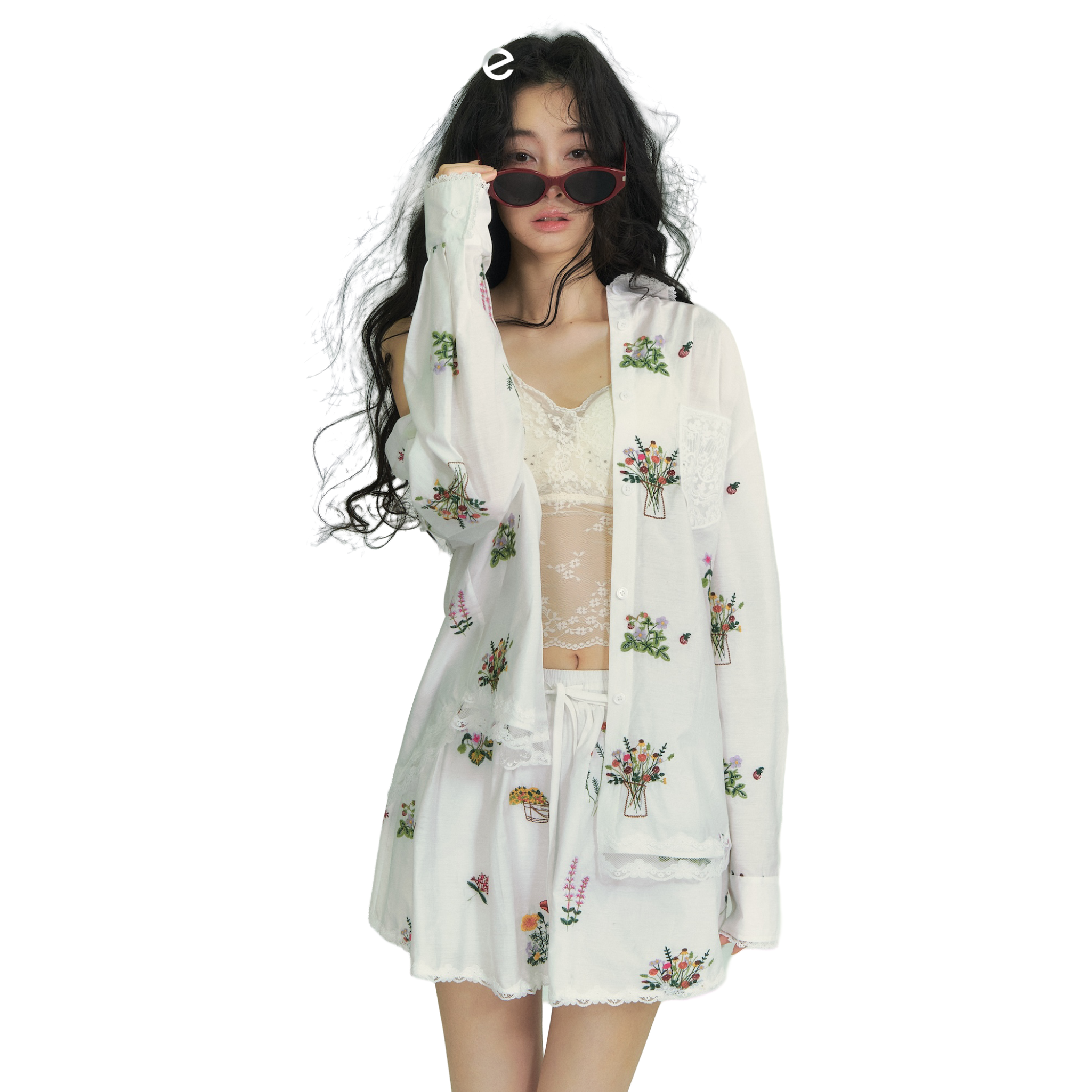 Floral Embroidered Lace Patchwork Shirt in White
