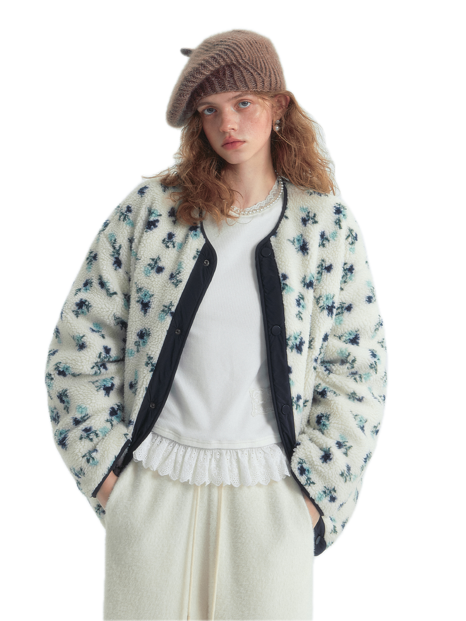 Floral Collarless Quilted Colorblock Down Jacket