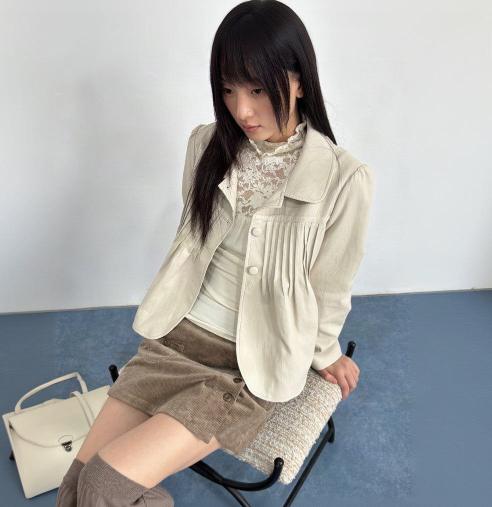 Retro Pleated Leather Jacket in Light Gray-apricot