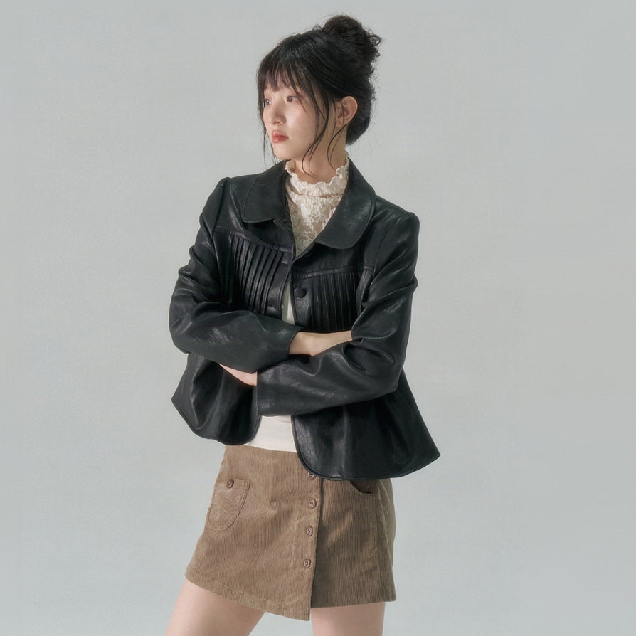 Retro Pleated Leather Jacket in Black