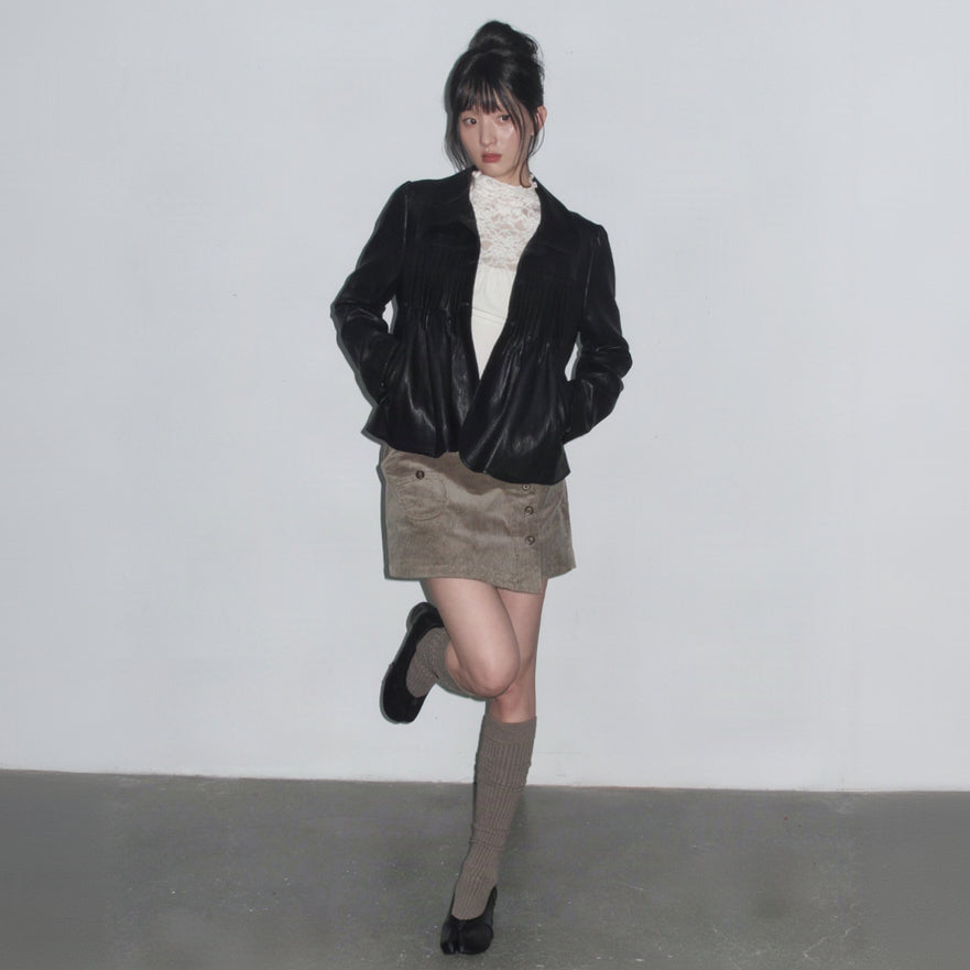 Retro Pleated Leather Jacket in Black
