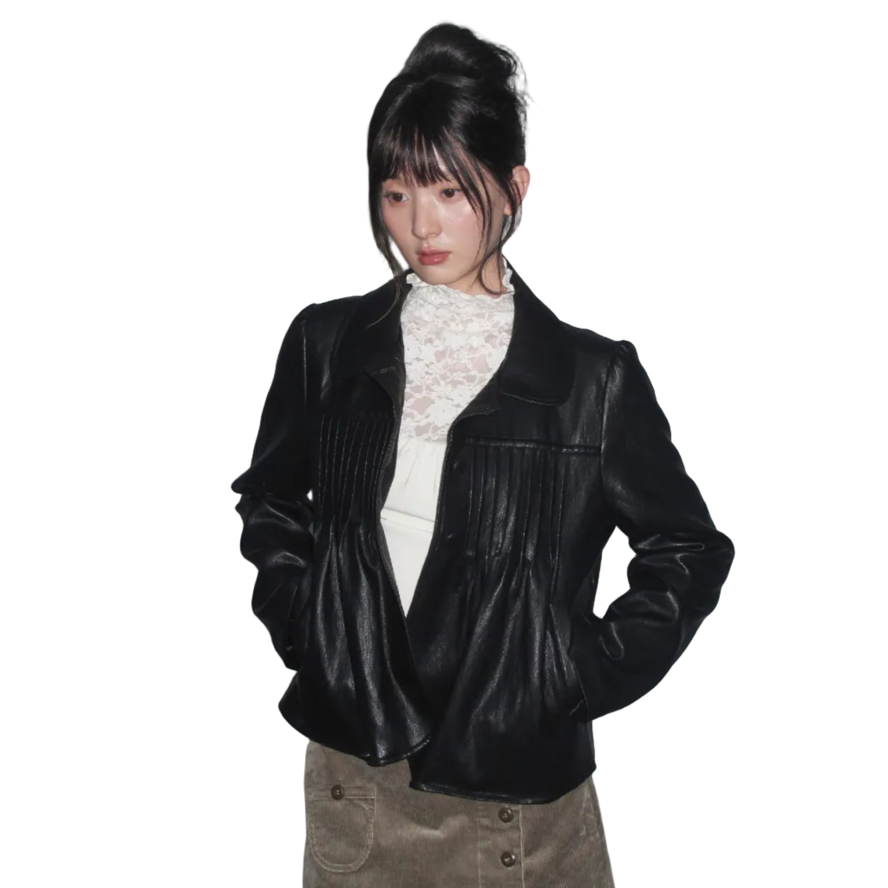 Retro Pleated Leather Jacket in Black