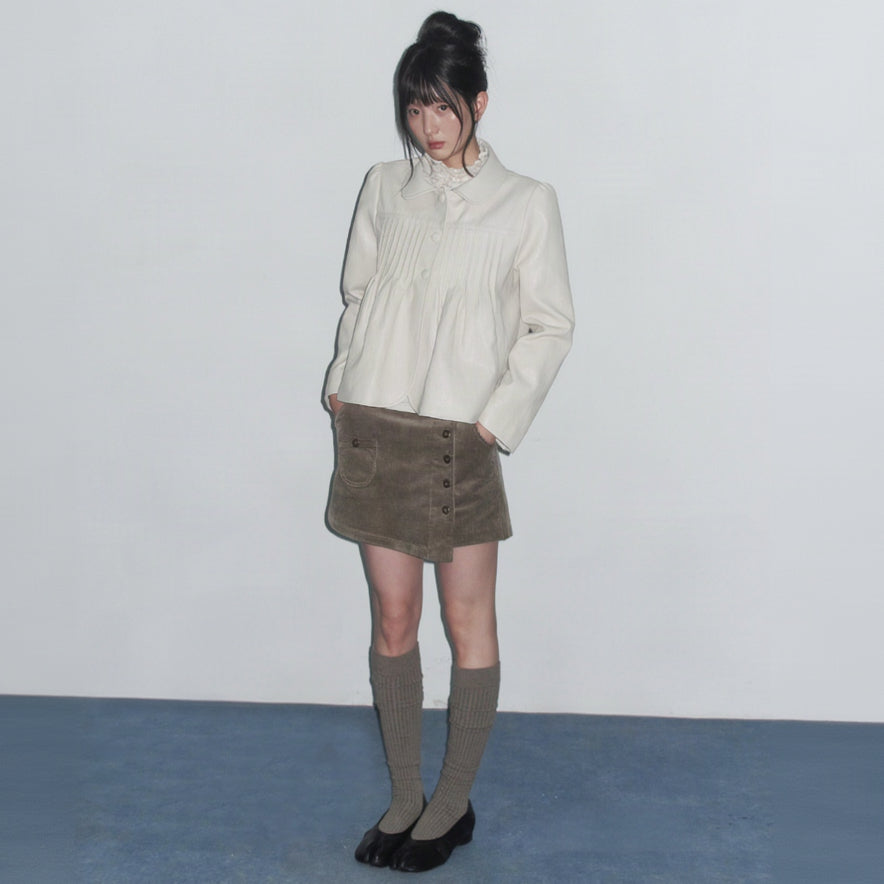 Retro Pleated Leather Jacket in Light Gray-apricot