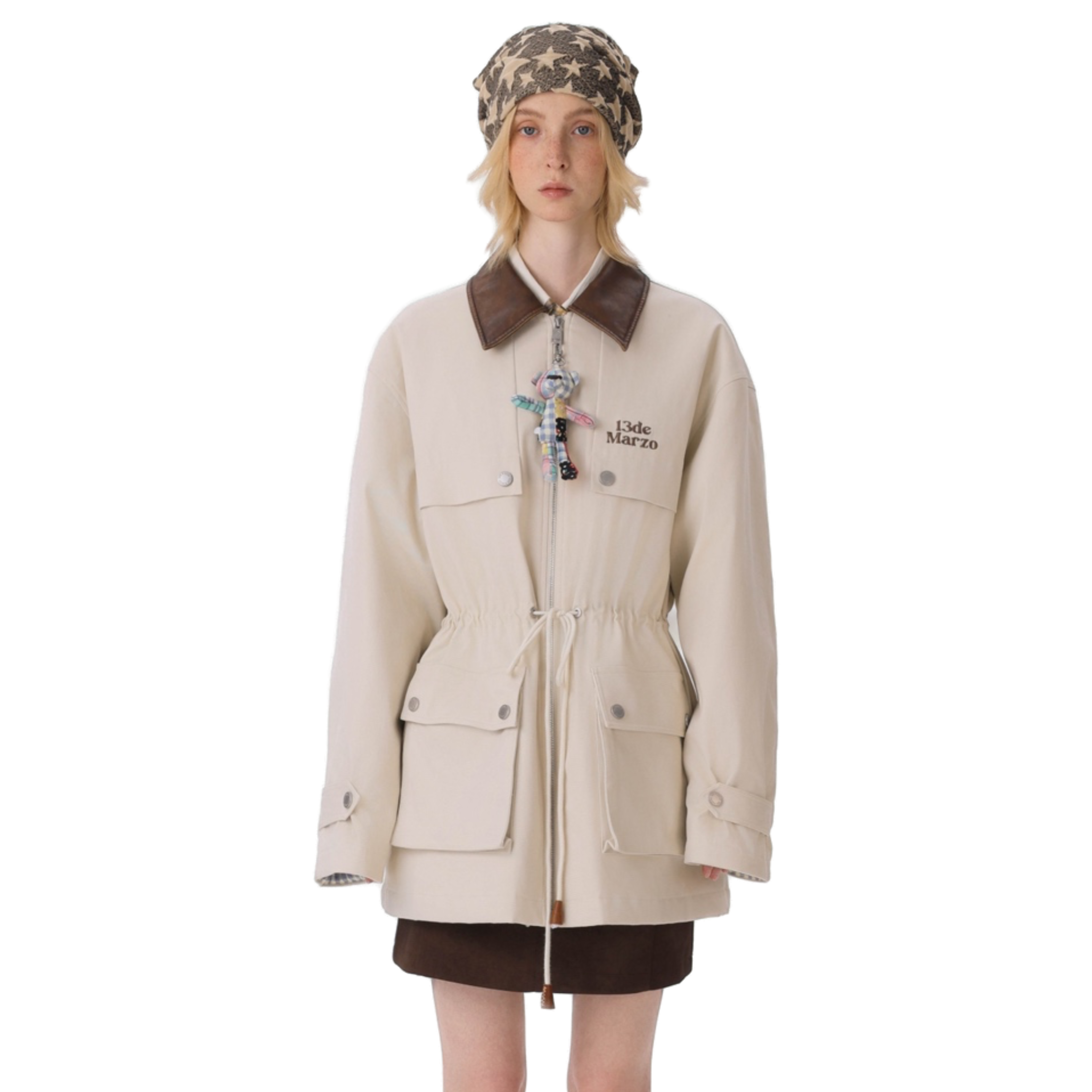 Checkered Mid-length Parka in Off-white