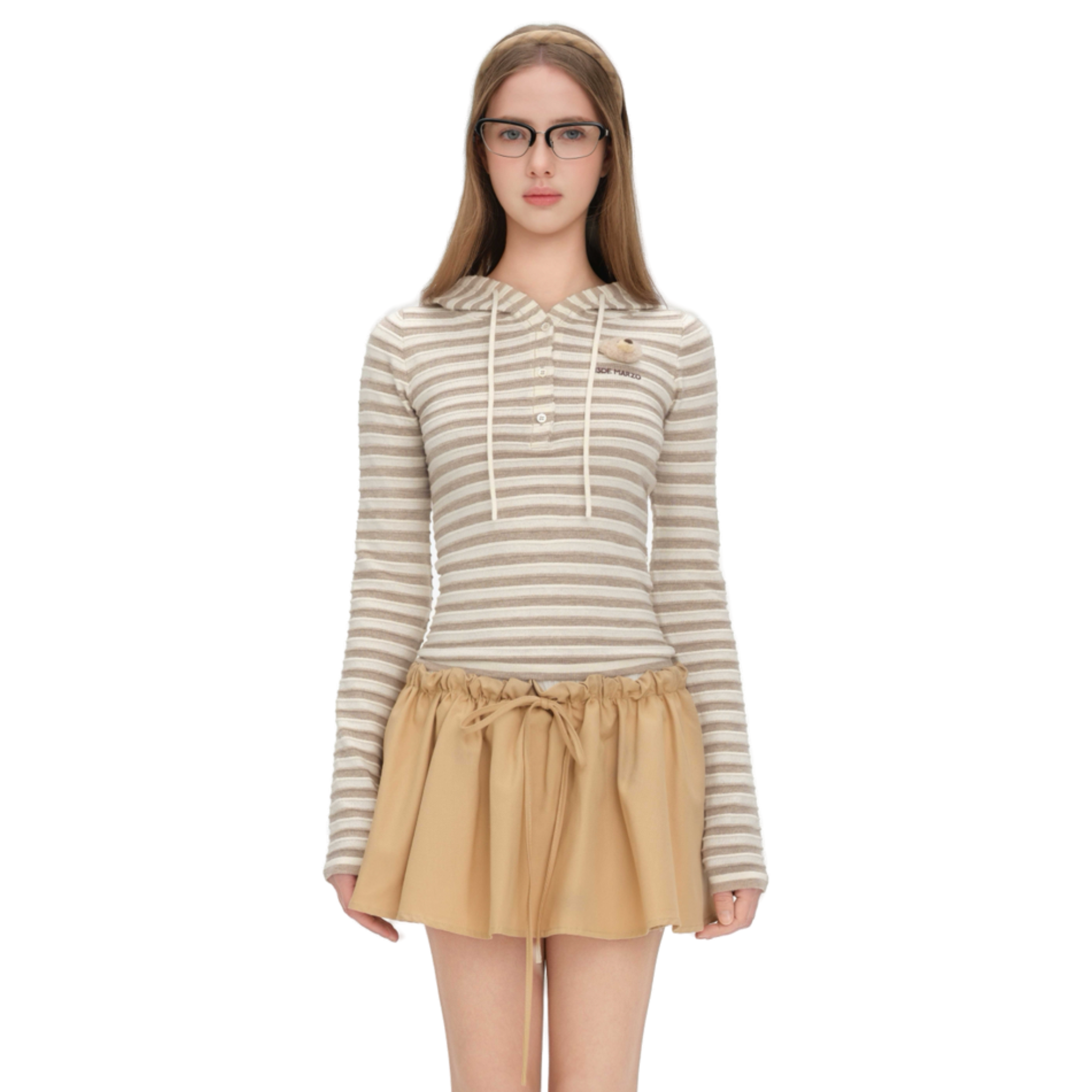 Striped Button-down 3D Bear Hooded T-shirt in Khaki