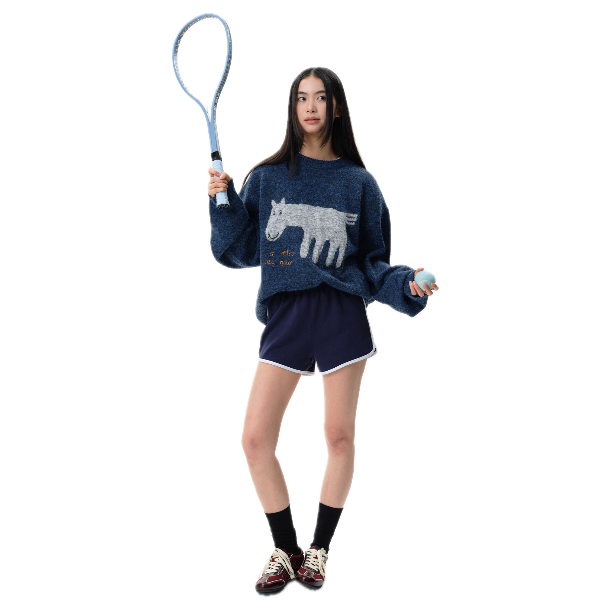 Blue Color-blocked Pony Crew Neck Sweater
