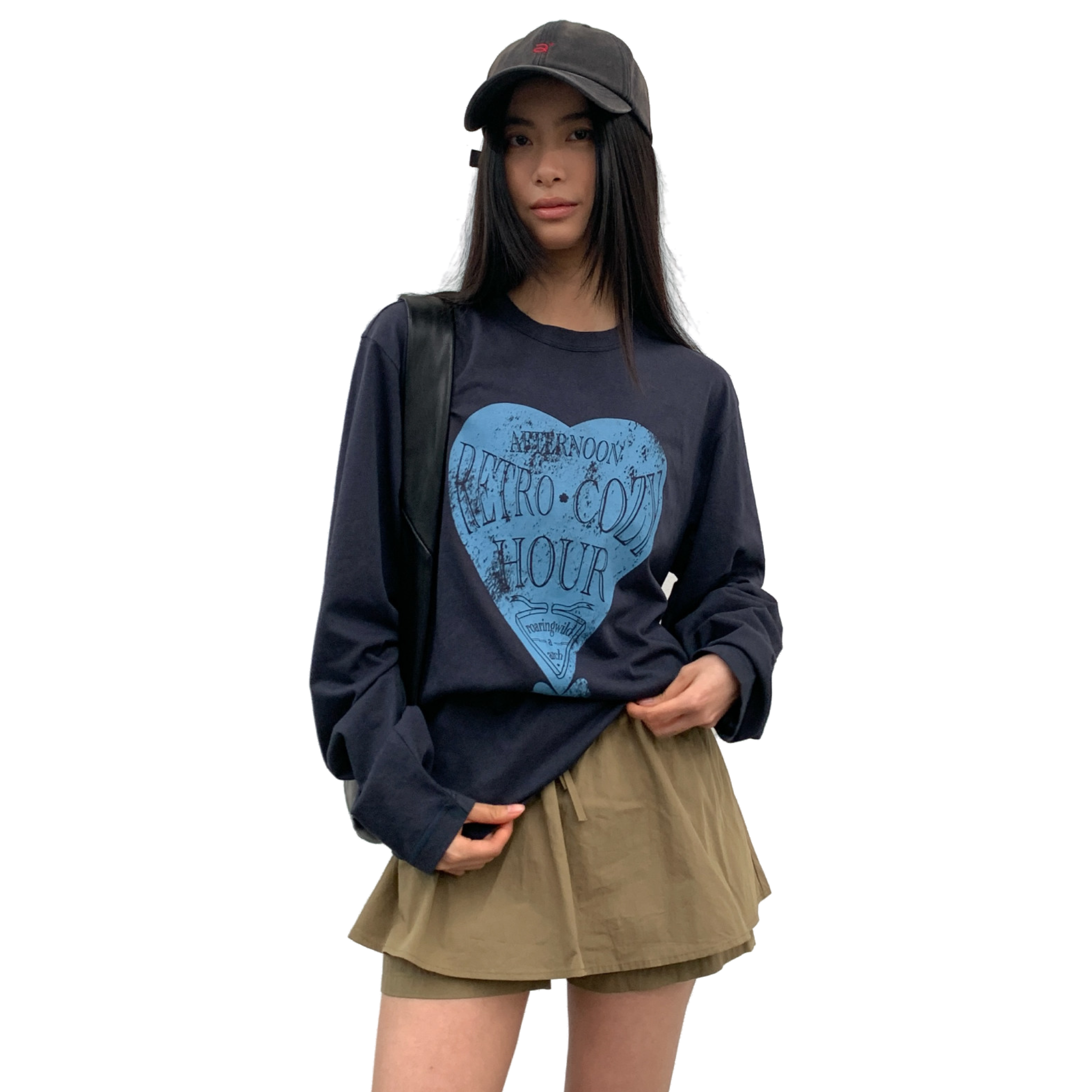 프린트된 긴팔 청흑색 상의