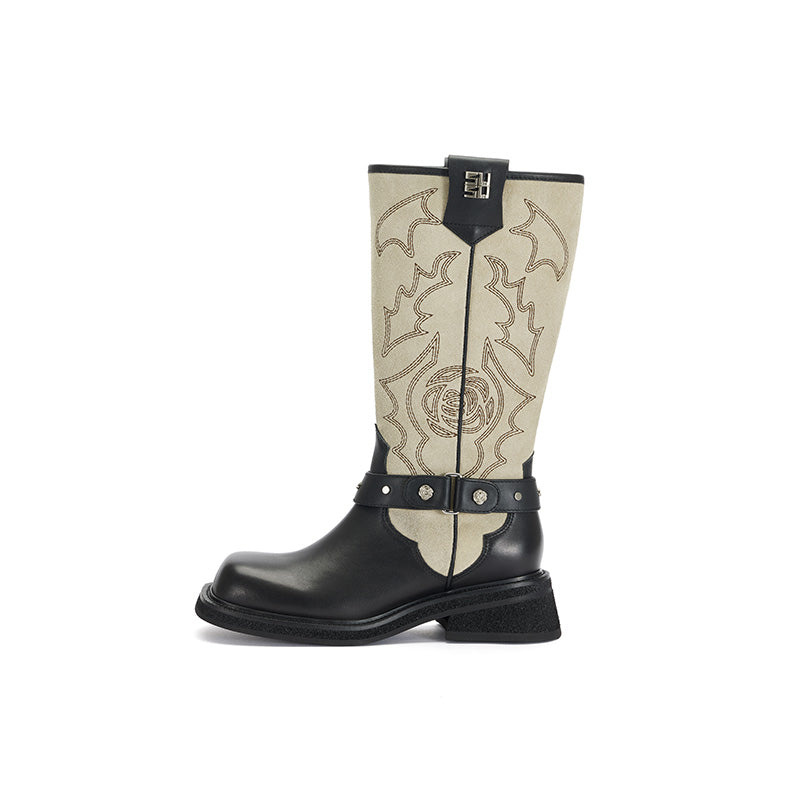 Western Embroidered Knight Ankle Boots Black