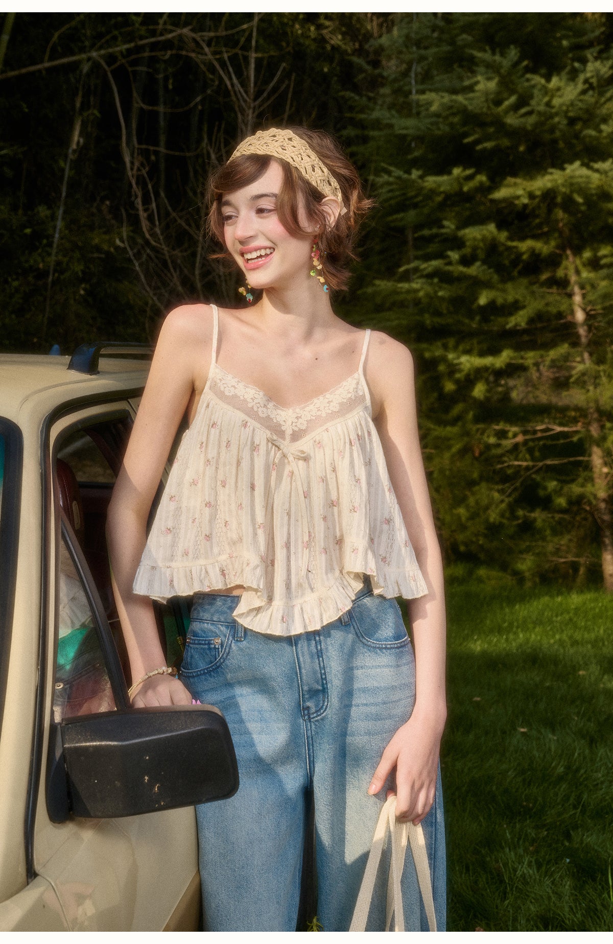 French Lace Floral Print Camisole in Beige
